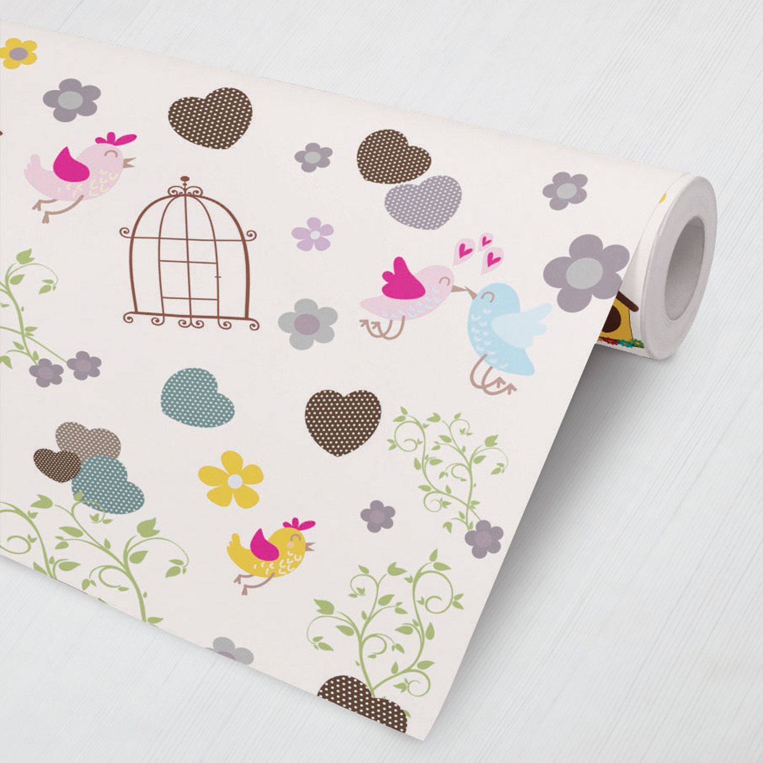 Papel de Parede Passarinhos, Flores e Corações Colorido 3M