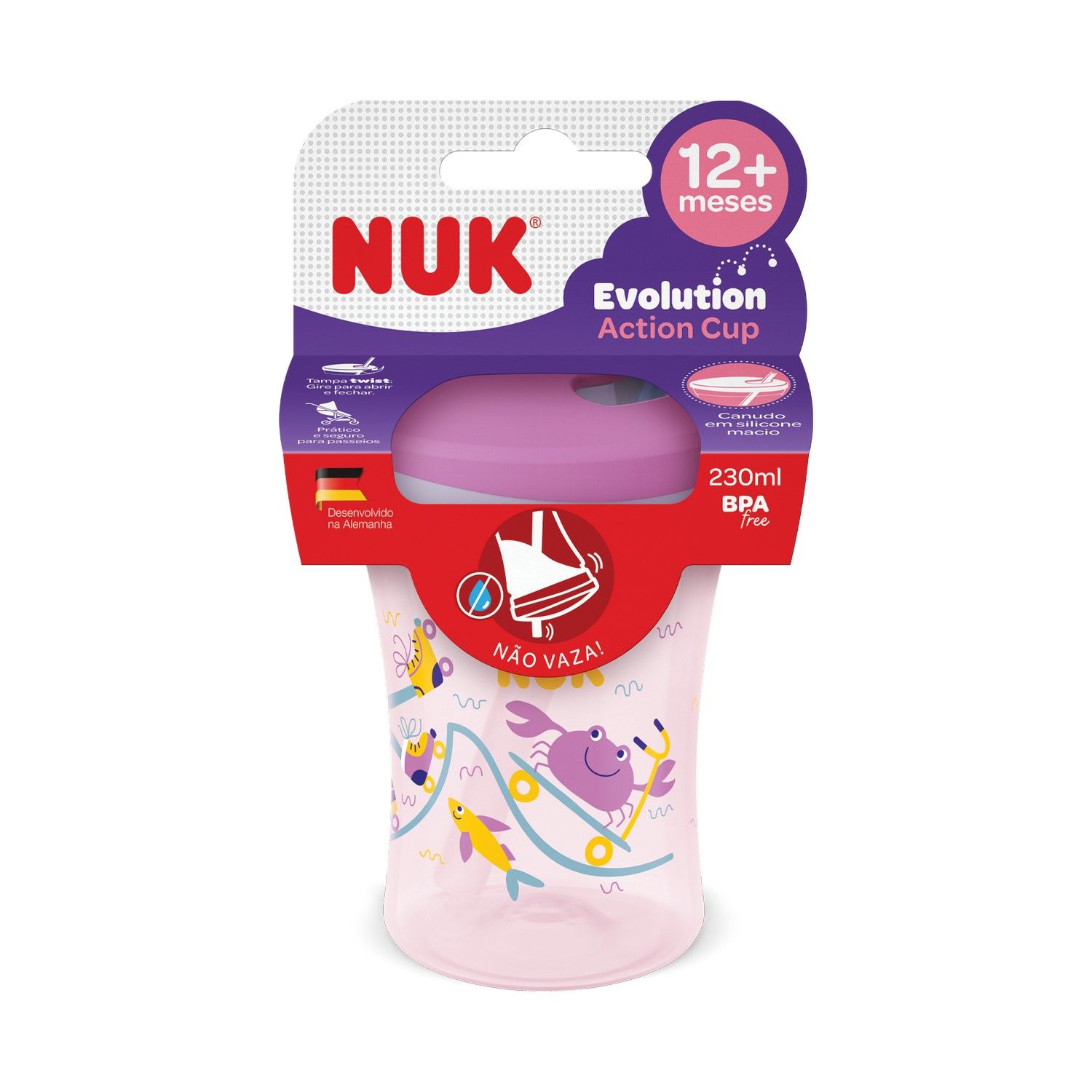 Copo Action Evolution com Canudo 230ml Rosa