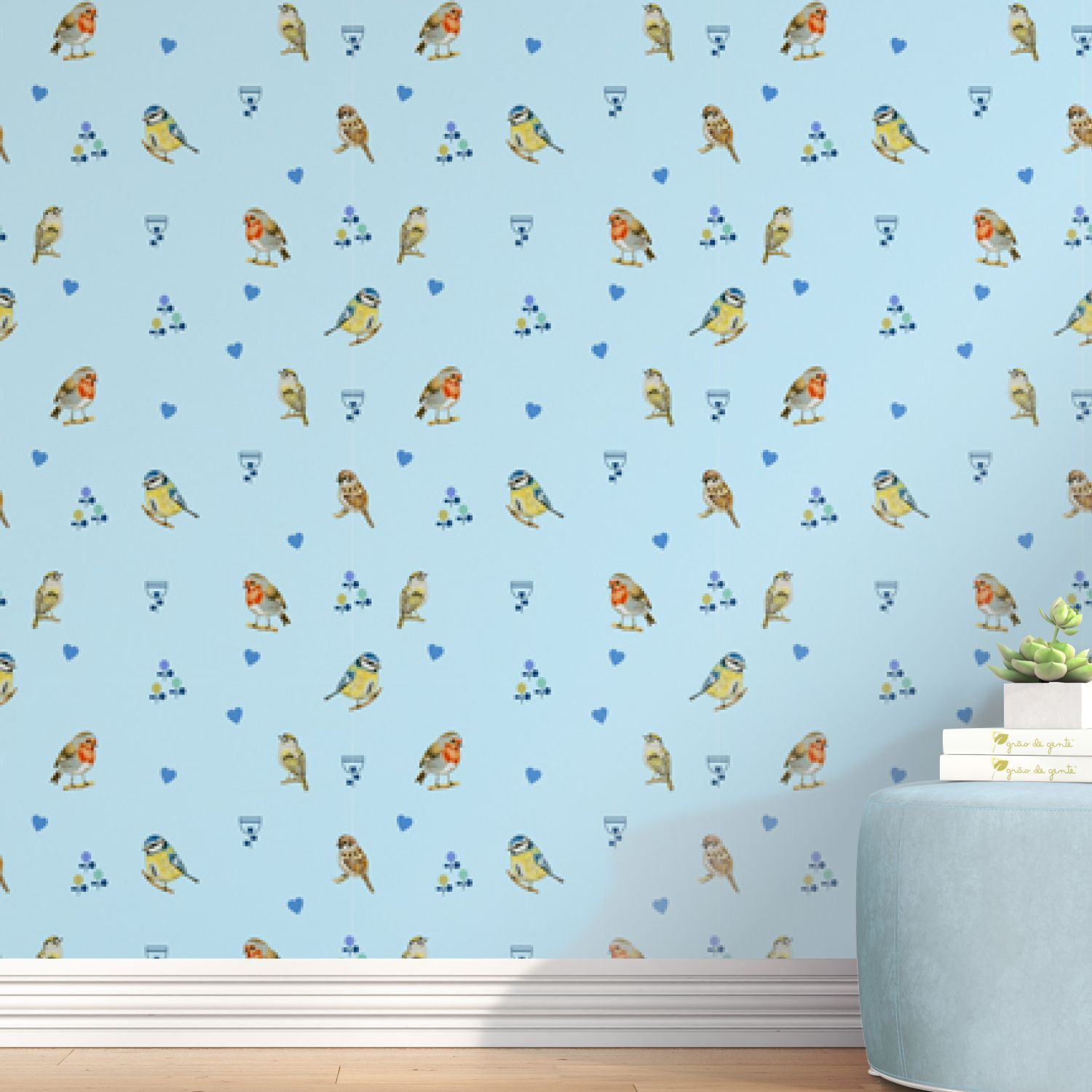 Papel de Parede Passarinho e Coração Azul 3M
