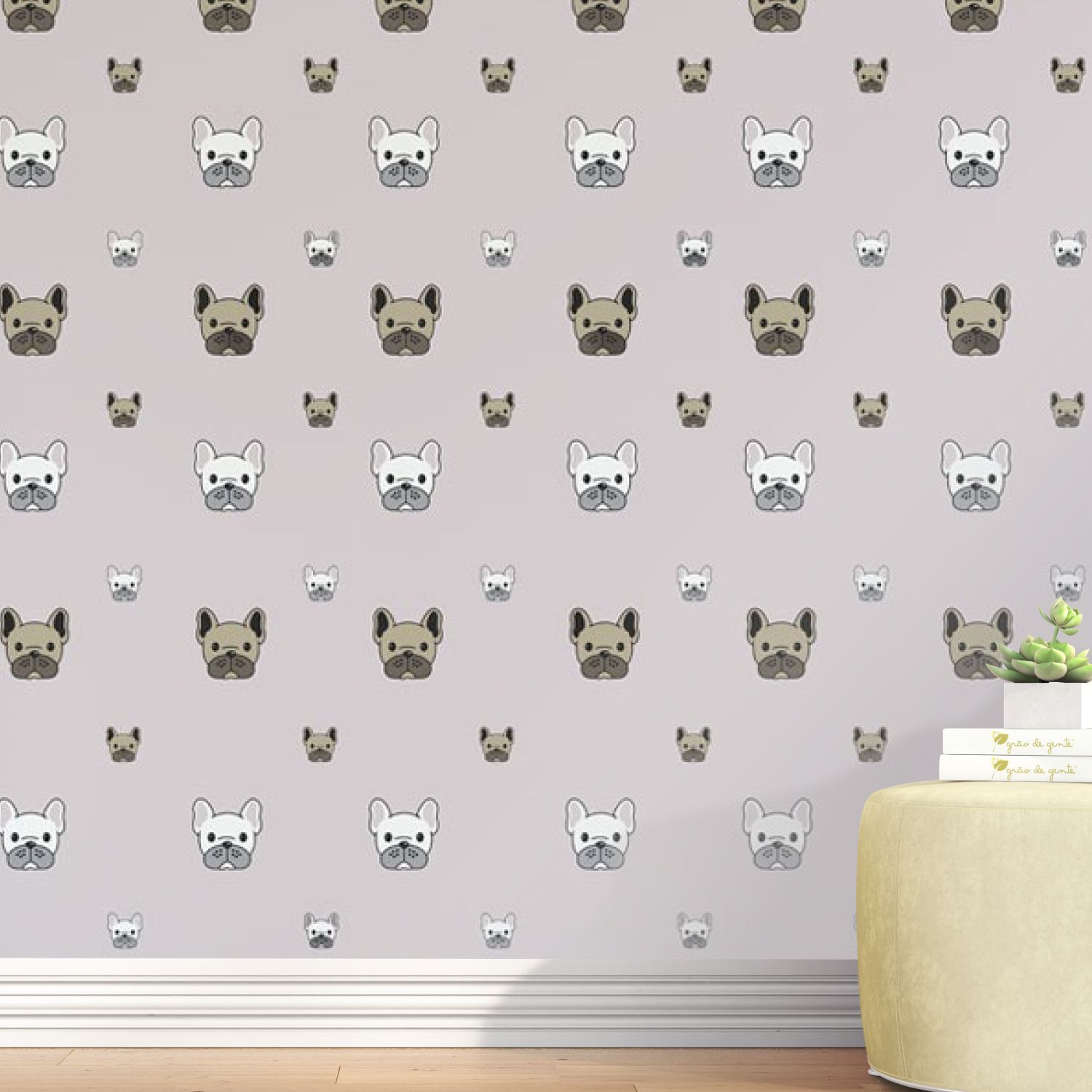 Papel de Parede Cachorrinhos Bulldog Francês Cinza 3m
