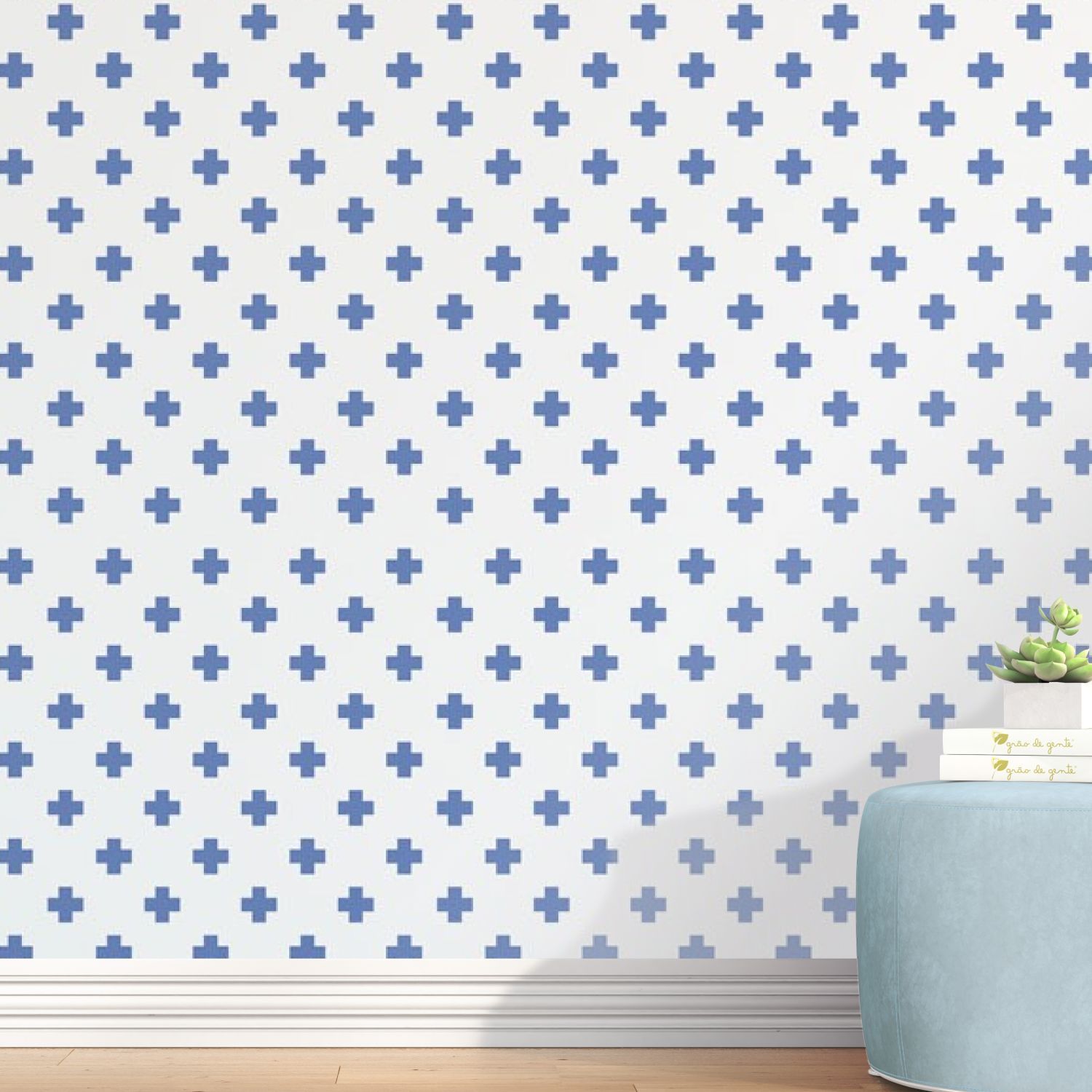 Papel de Parede Cruz Escandinava Azul e Branco 3m