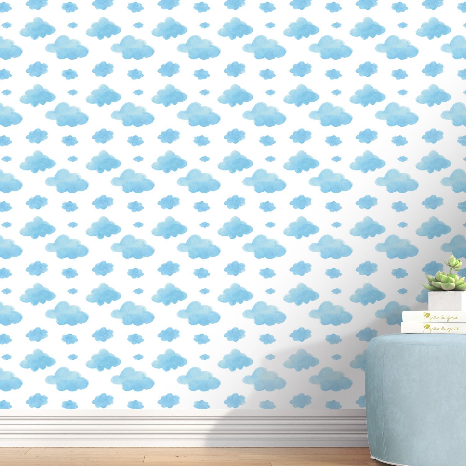 Papel de Parede Aquarela Nuvem Azul 3m