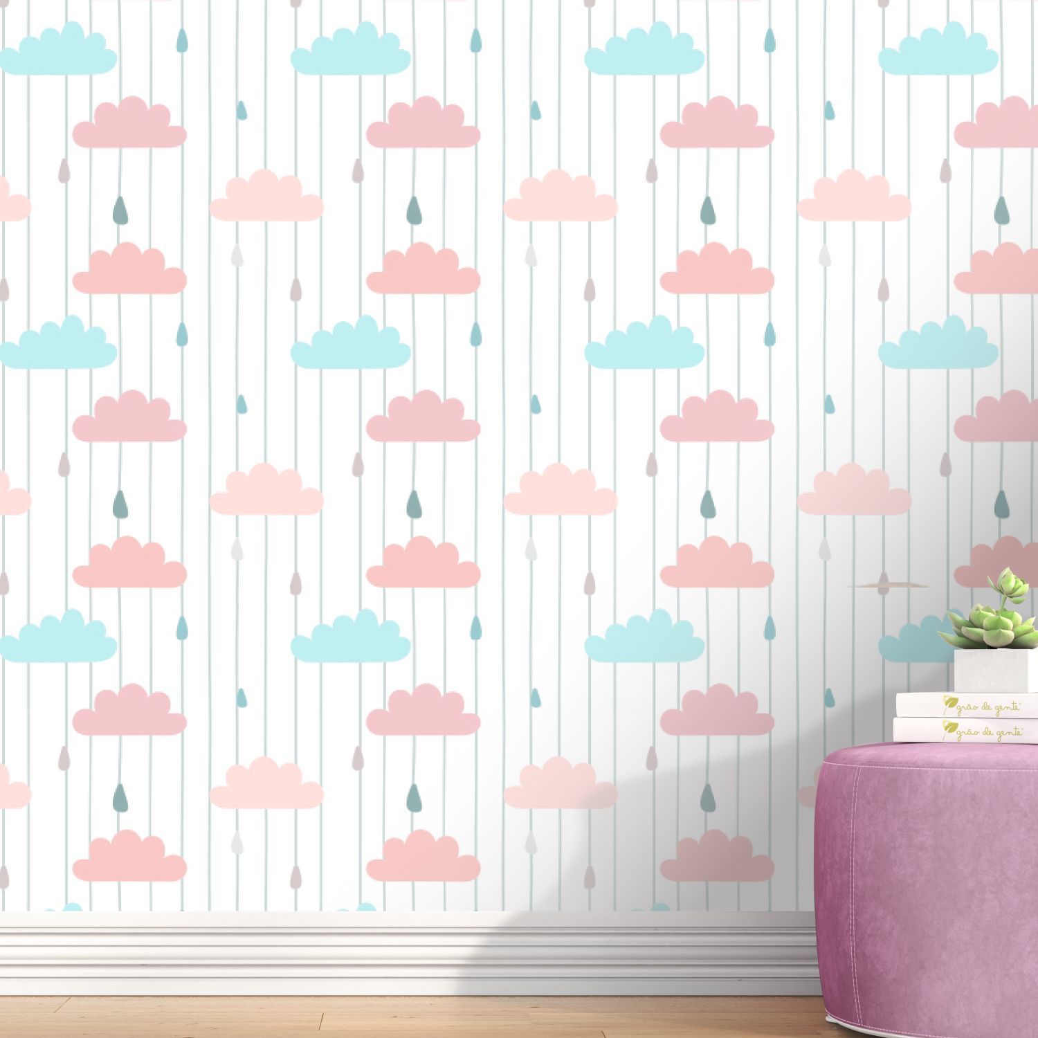 Papel de Parede Nuvem, Gotinha e Listra Turquesa e Rosa 3m