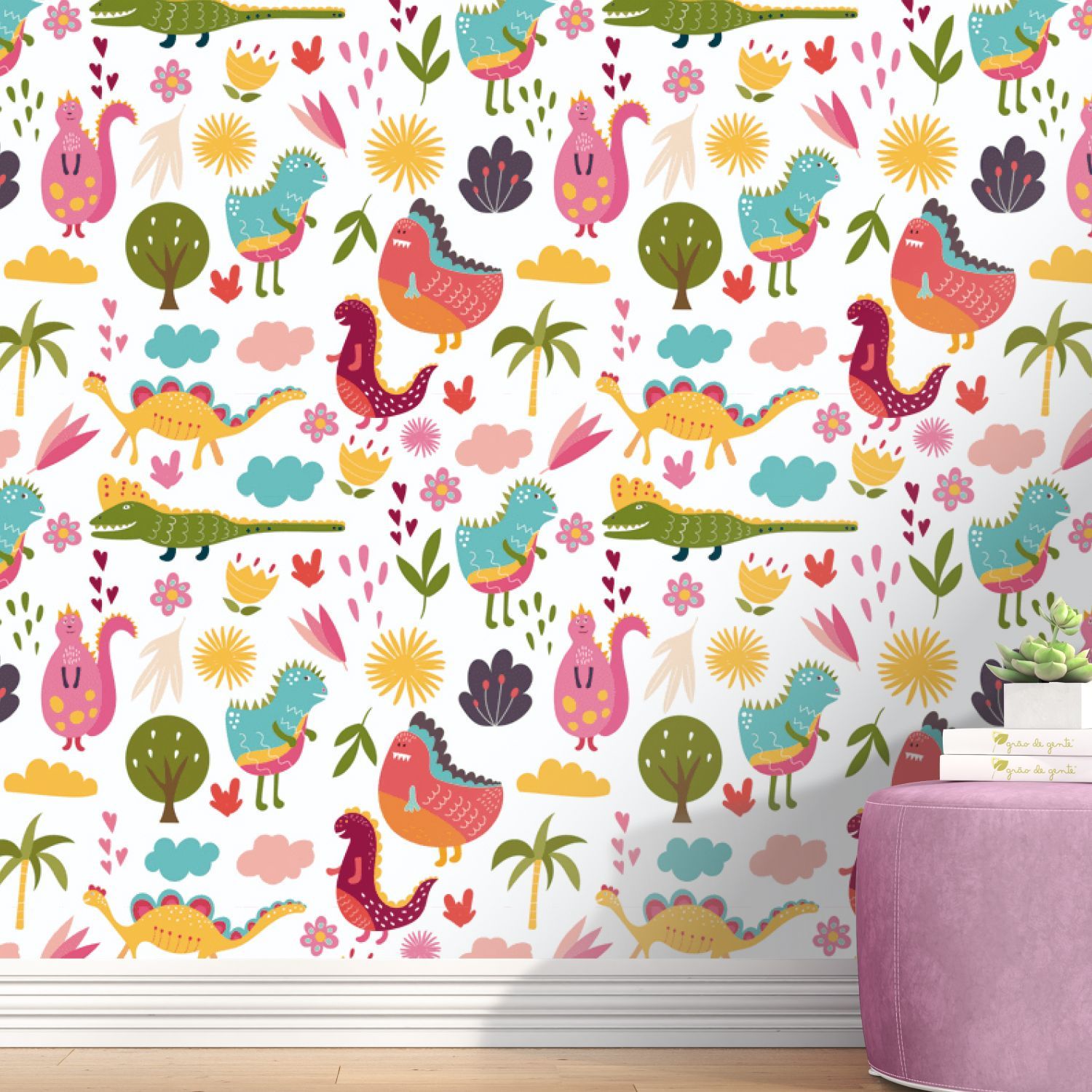 Papel de Parede Jardim dos Dinossauros Multicolorido 3m