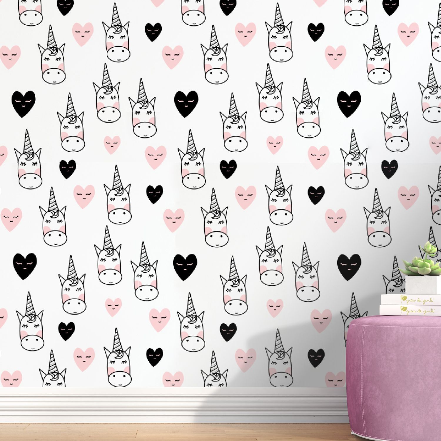 Papel de Parede Unicórnio Coração Rosa e Preto 3m