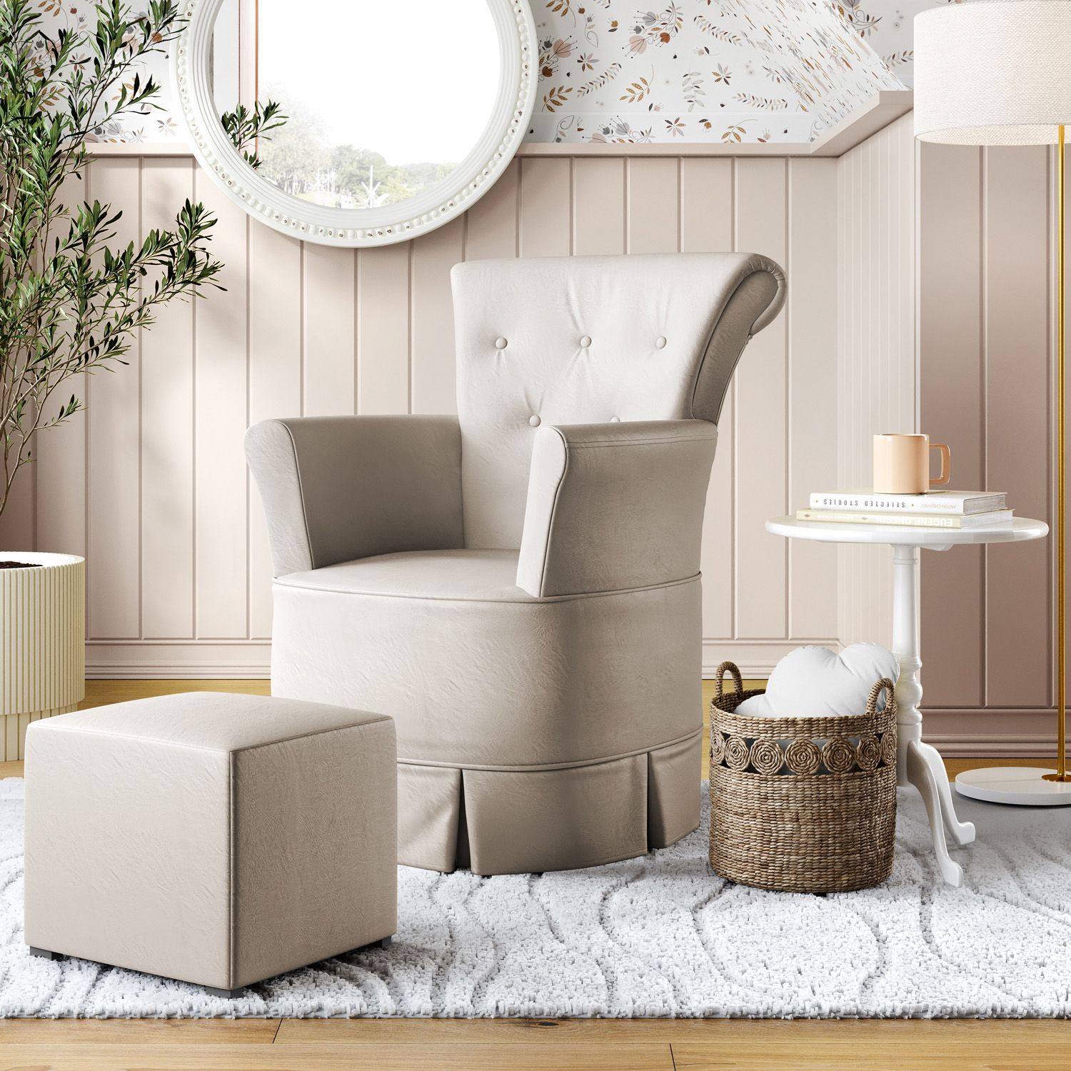 Poltrona Amamentação Bárbara Balanço Creme + Puff