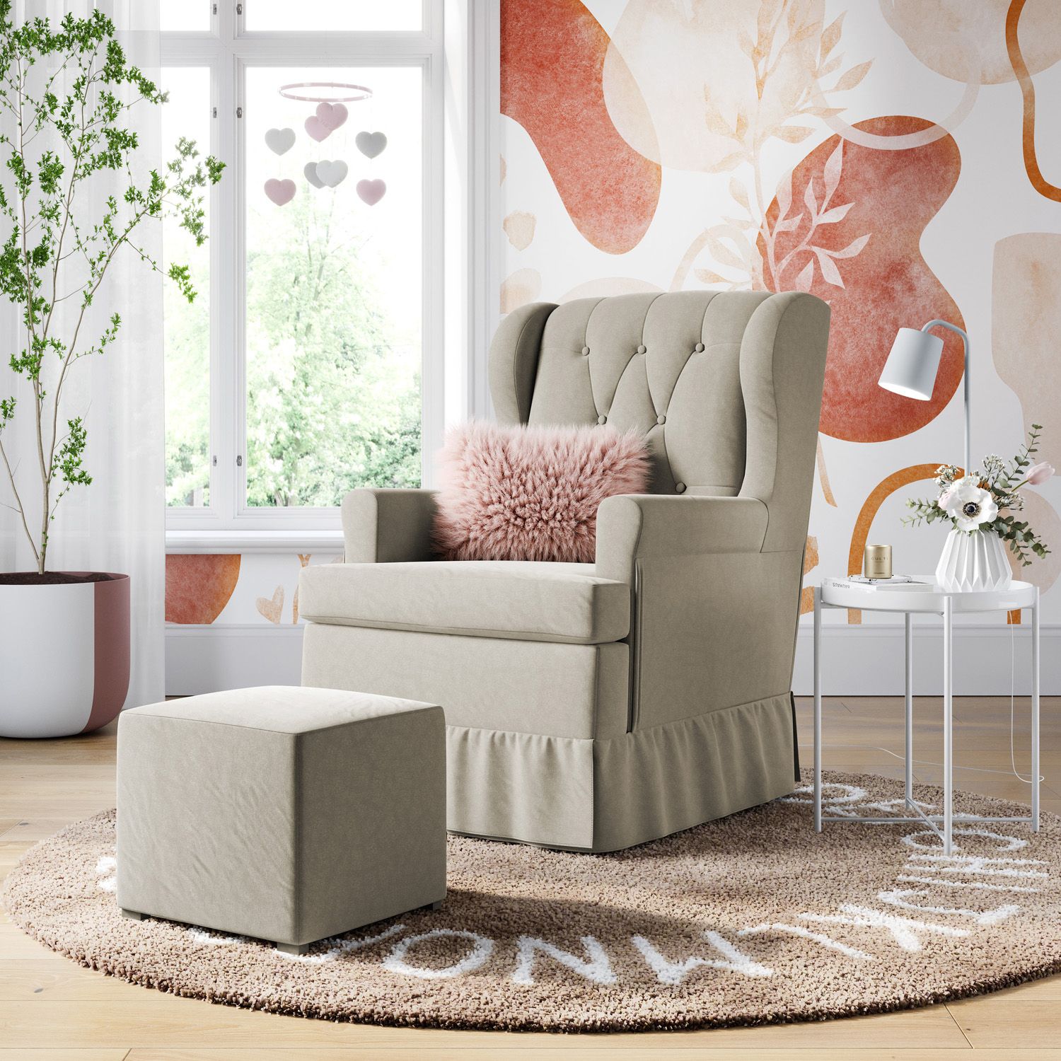 Poltrona Amamentação Eloisa Balanço Areia + Puff