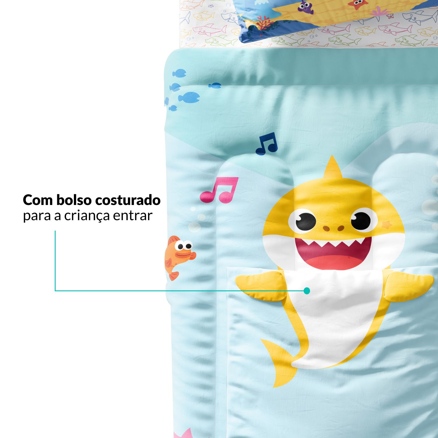 Edredom Infantil Solteiro com Bolso Baby Shark