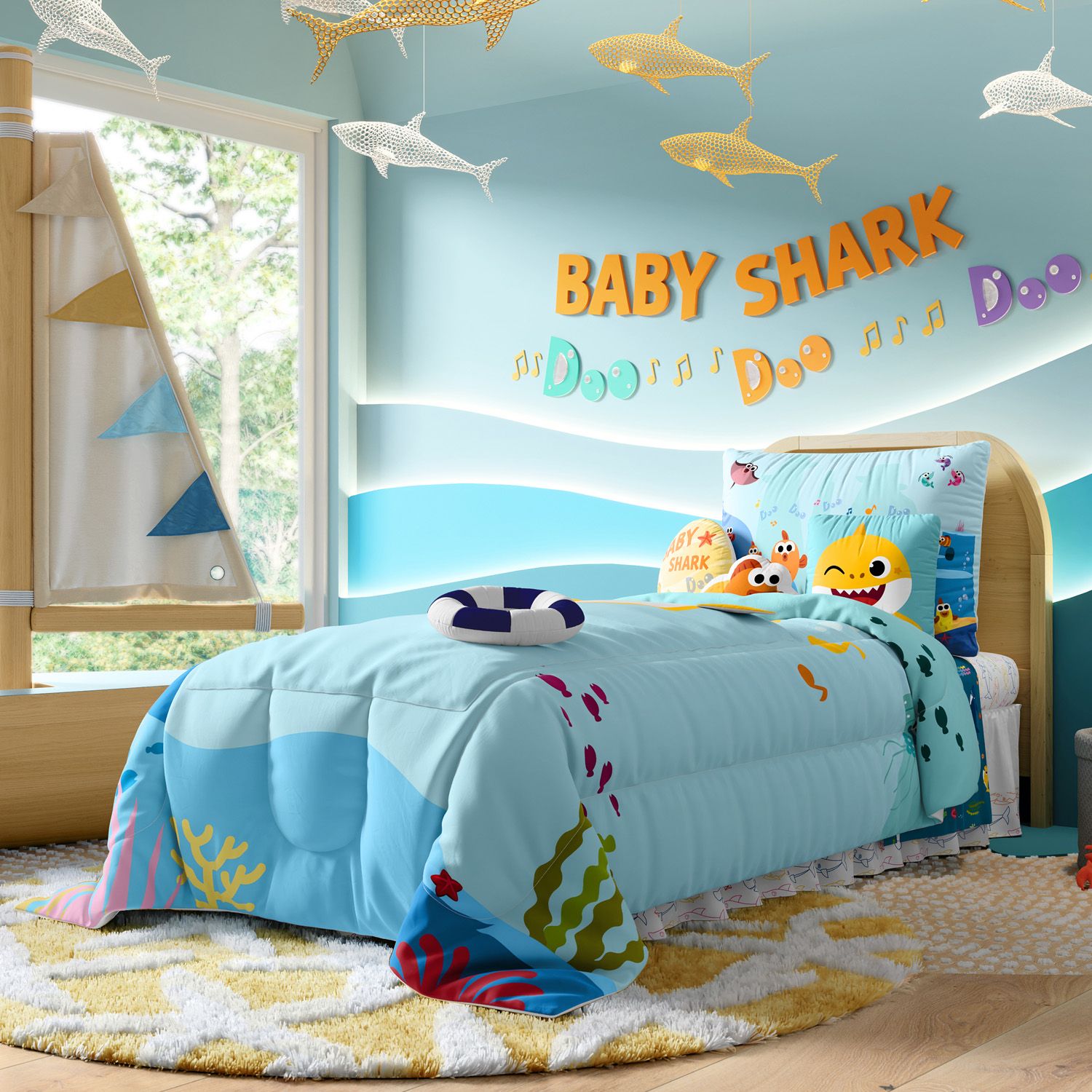 Edredom Infantil Solteiro com Bolso Baby Shark
