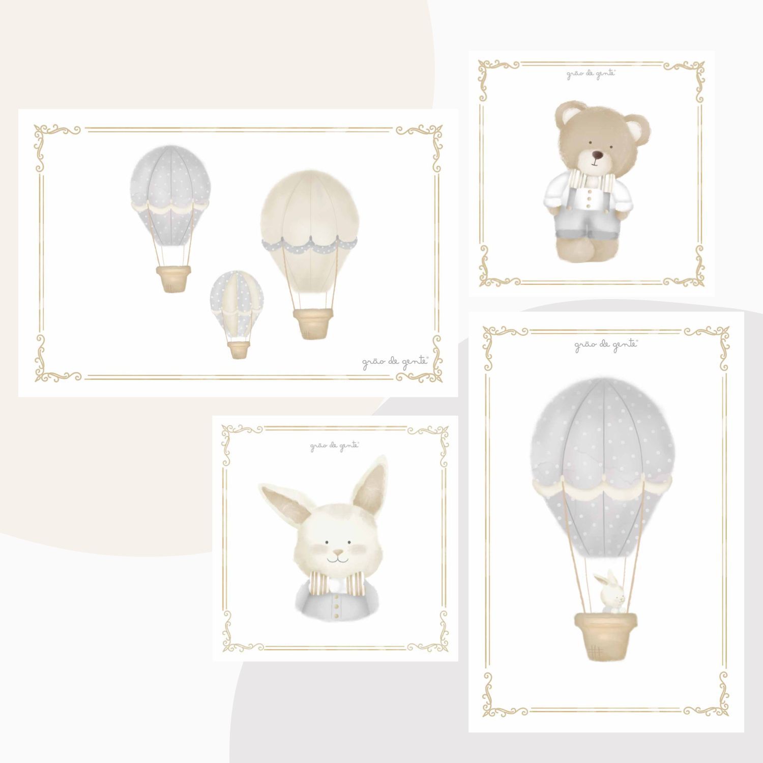 Kit Pôster Adesivo Balões Ursinho Cinza 4 peças