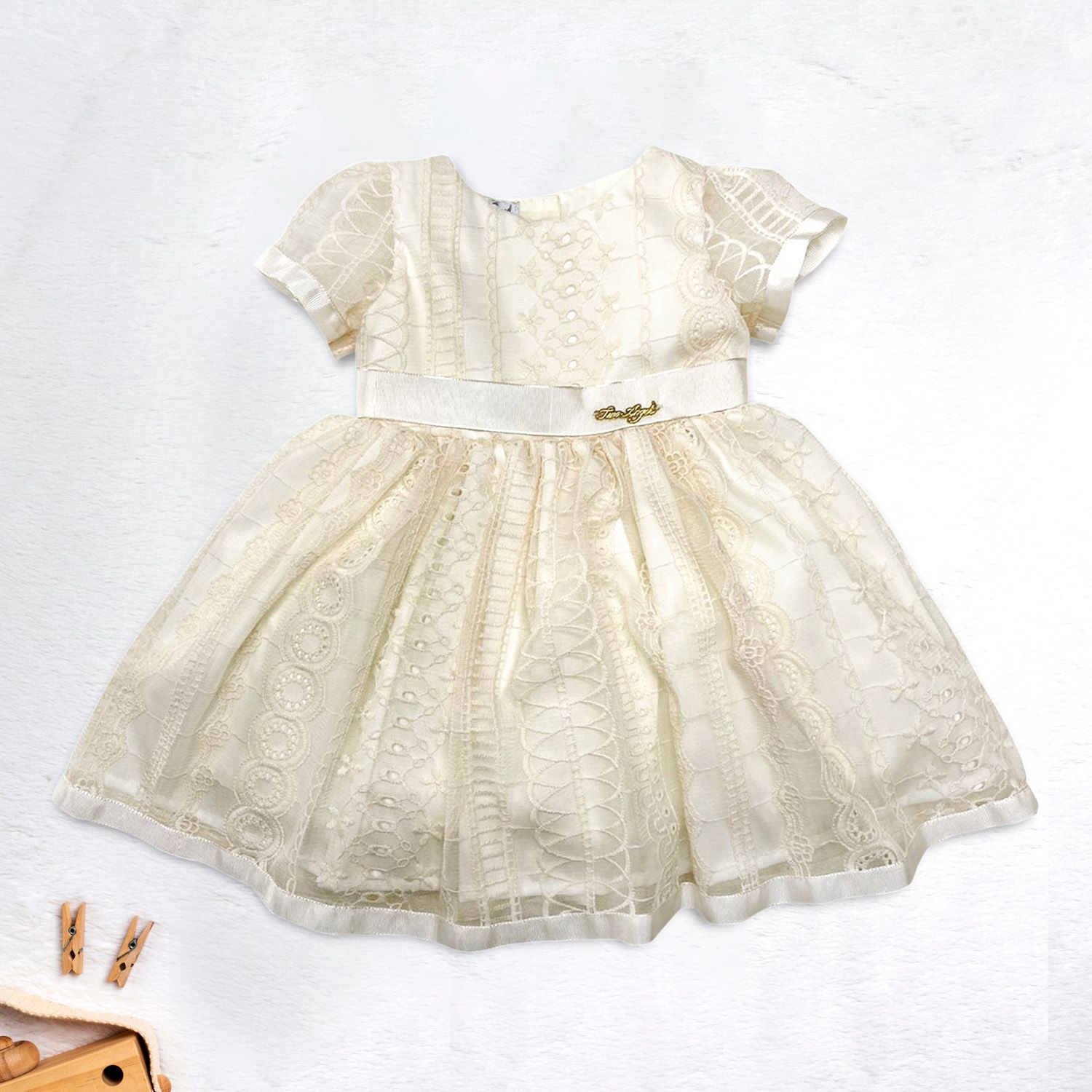 Vestido Batizado Tule Rendado Off-White