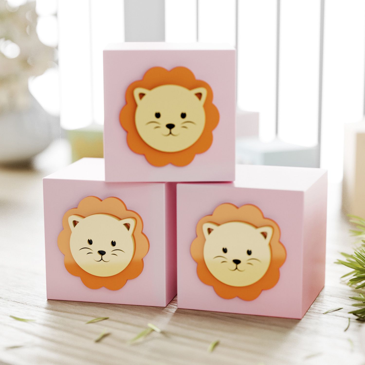 Cubo Decorativo Amiguinho Leão MDF Rosa