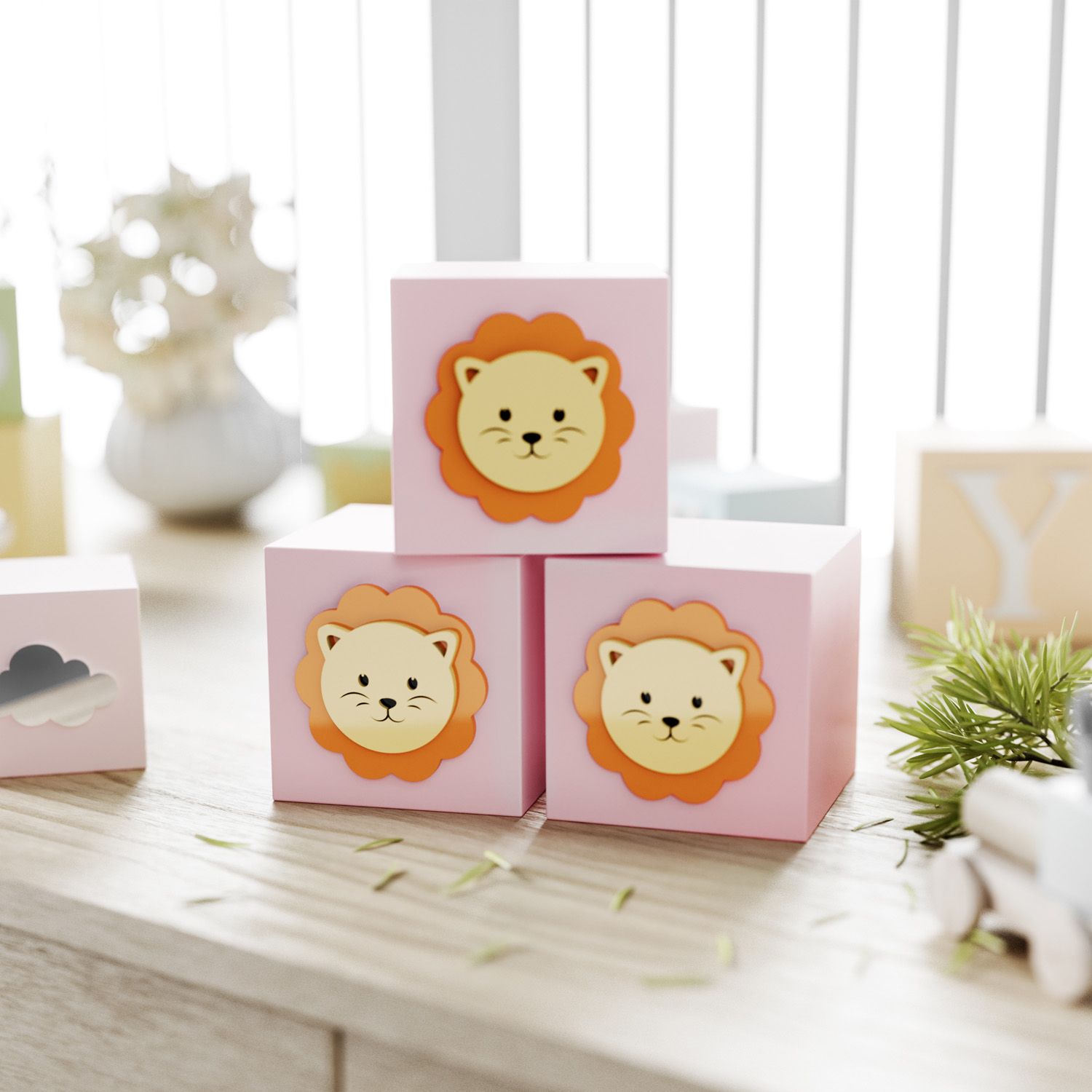 Cubo Decorativo Amiguinho Leão MDF Rosa