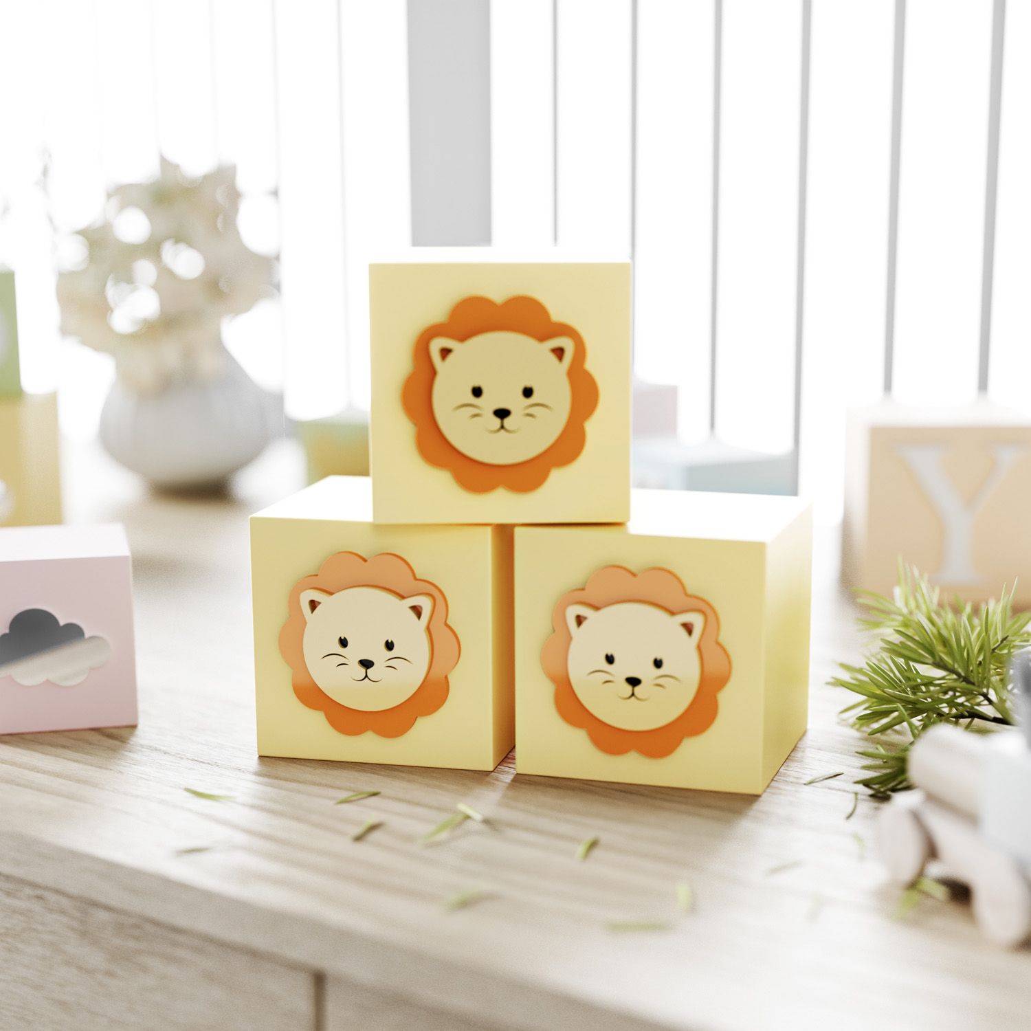 Cubo Decorativo Amiguinho Leão MDF Rosa