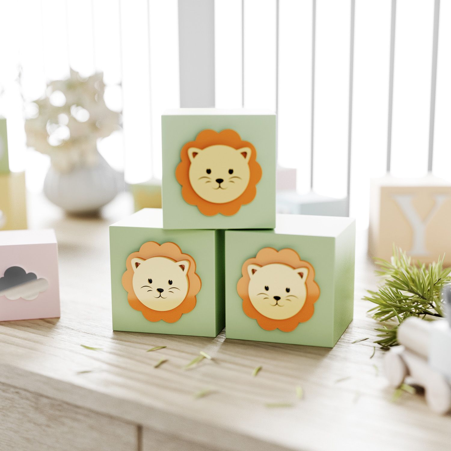 Cubo Decorativo Amiguinho Leão MDF Rosa