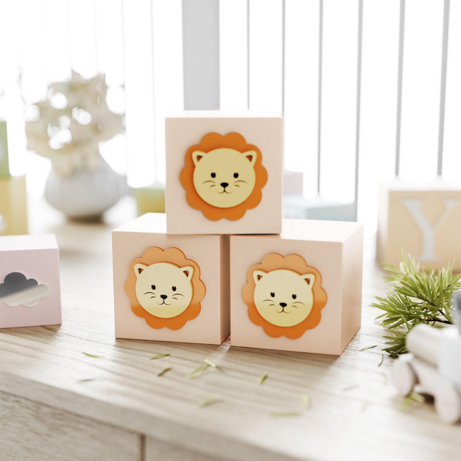 Cubo Decorativo Amiguinho Leão MDF Rosa