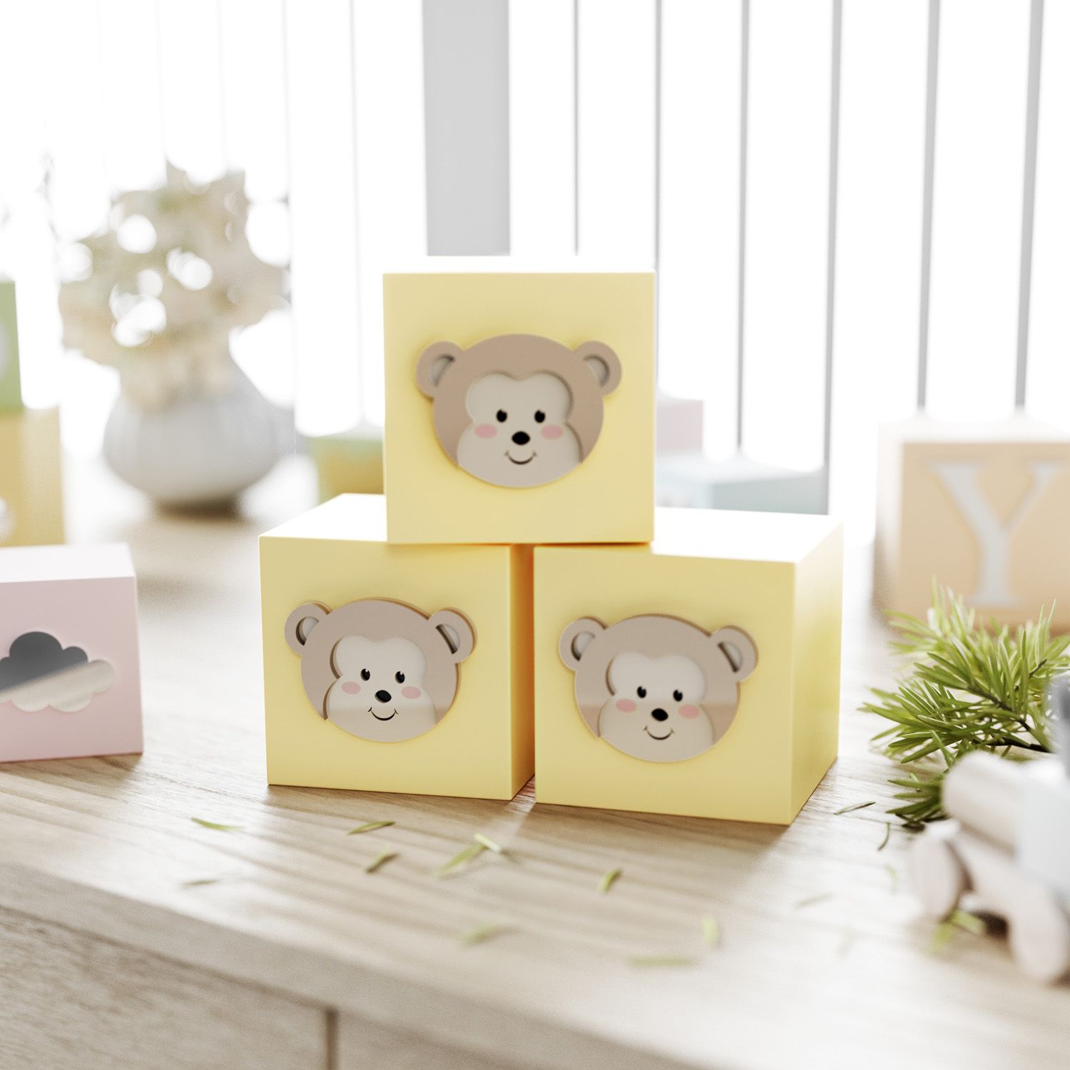Cubo Decorativo Amiguinho Macaquinho MDF Rosa