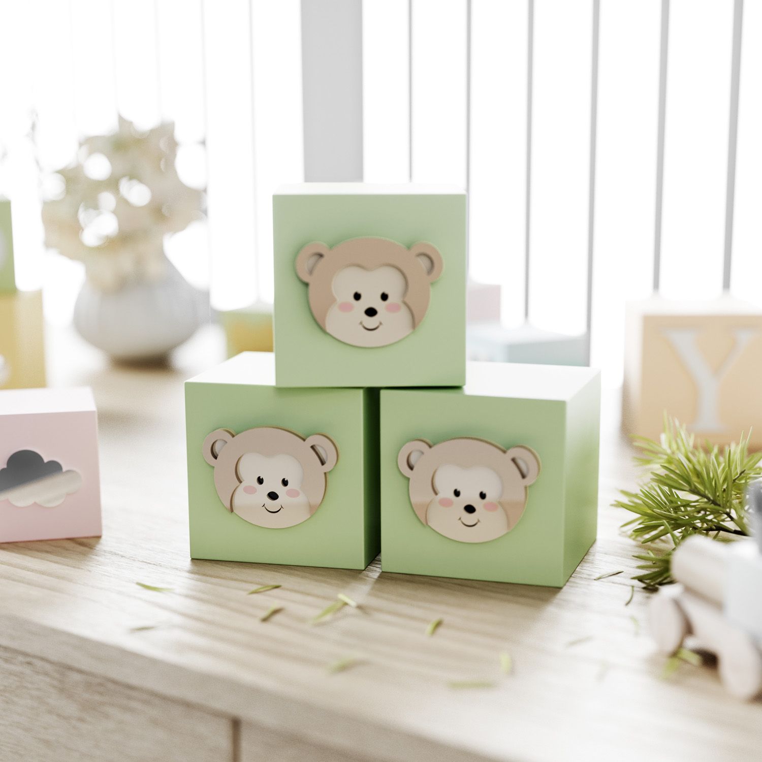 Cubo Decorativo Amiguinho Macaquinho MDF Rosa