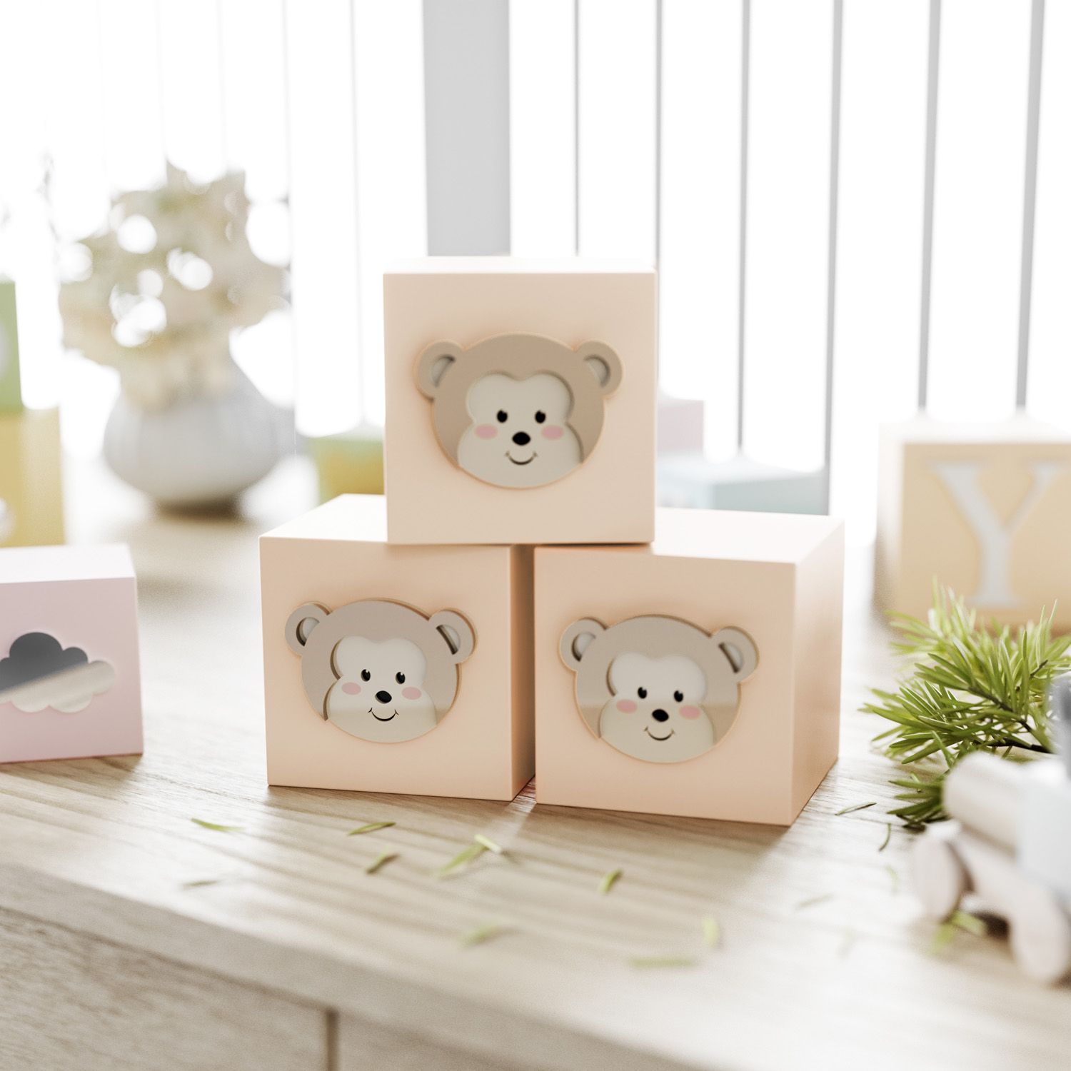 Cubo Decorativo Amiguinho Macaquinho MDF Rosa