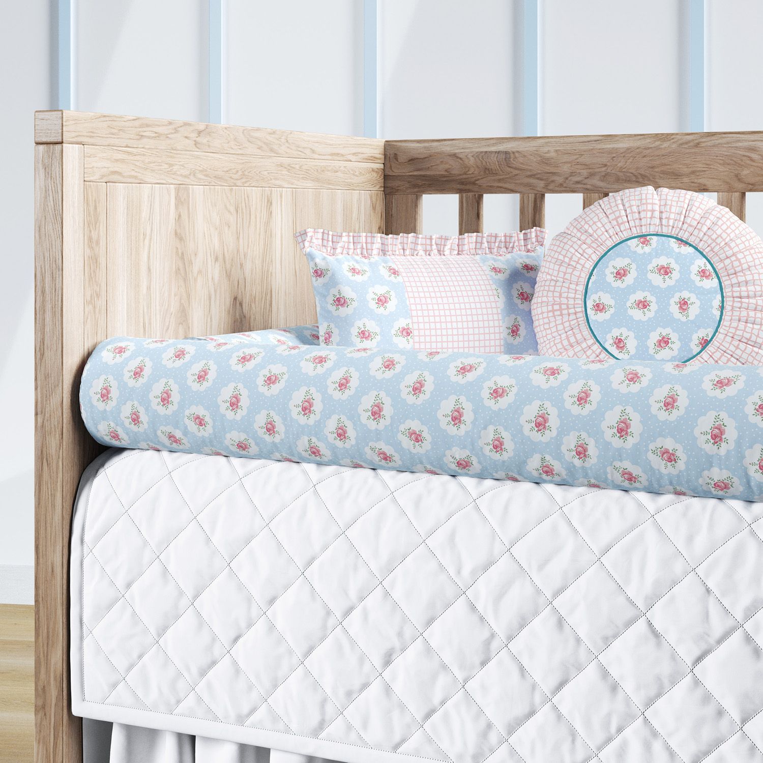 Kit Berço Rolinhos Floral Liberty Poá Azul 8 Peças