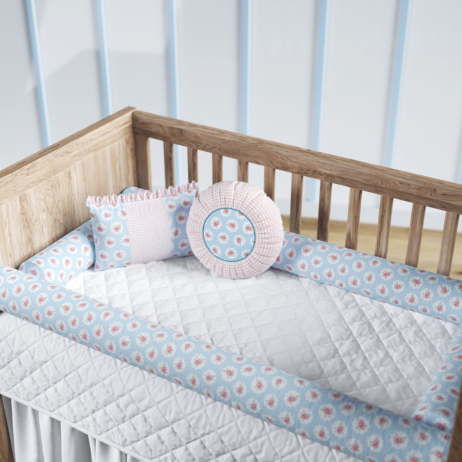 Kit Berço Rolinhos Floral Liberty Poá Azul 8 Peças