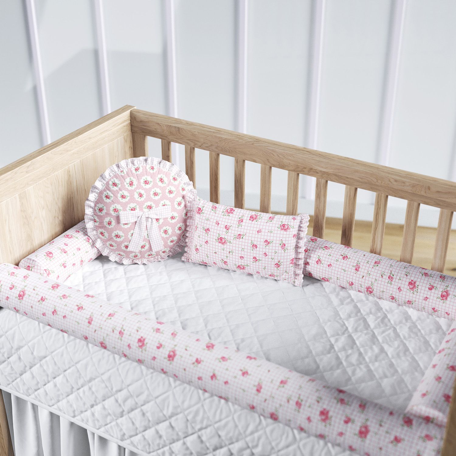 Kit Berço Rolinhos Rosas Xadrez 8 Peças