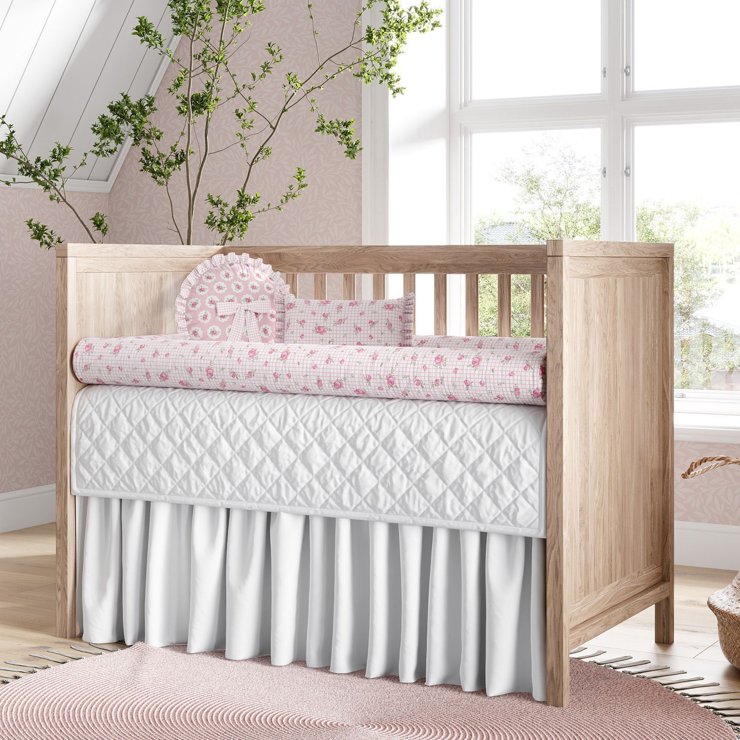 Kit Berço Rolinhos Rosas Xadrez 8 Peças