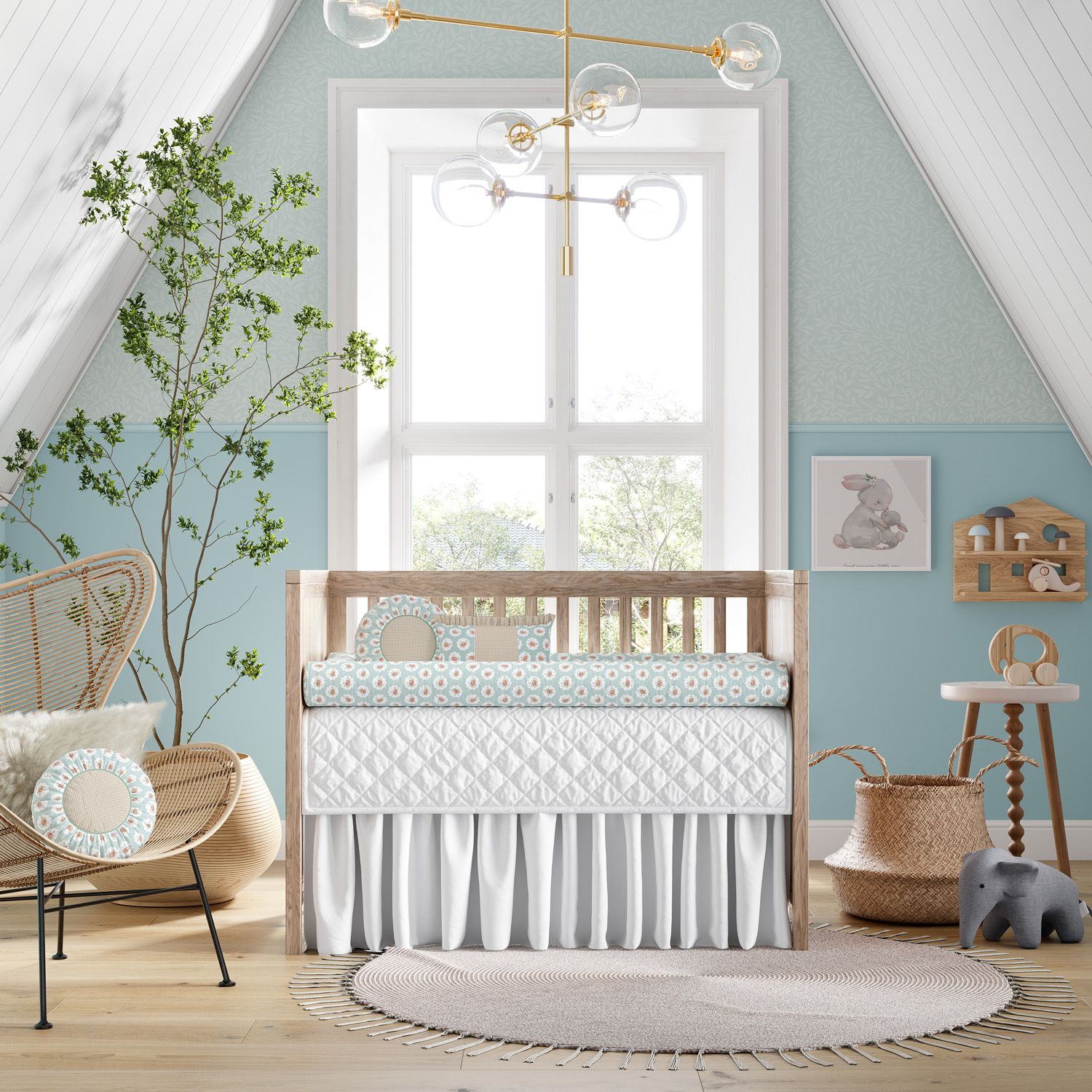 Kit Berço Rolinhos Floral Liberty Poá Verde 8 Peças