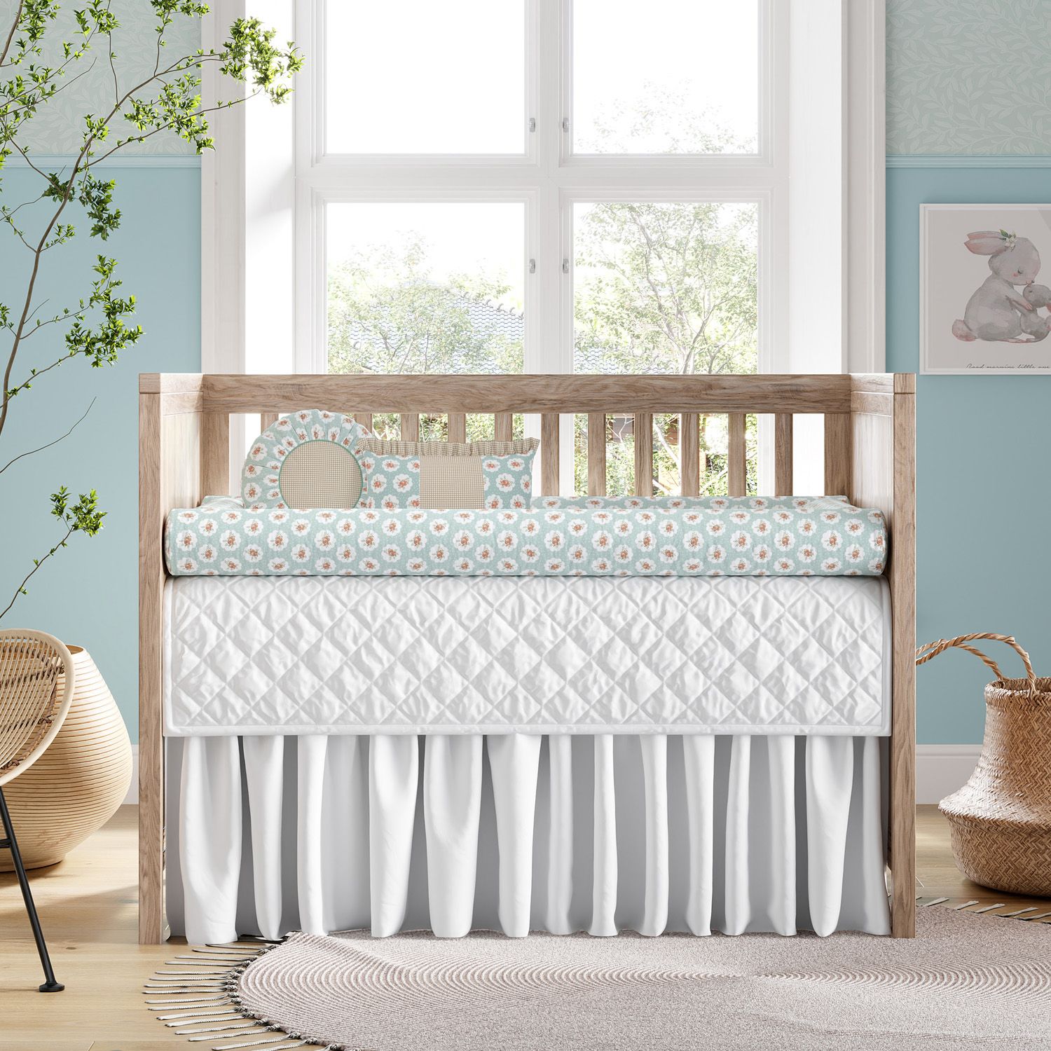 Kit Berço Rolinhos Floral Liberty Poá Verde 8 Peças