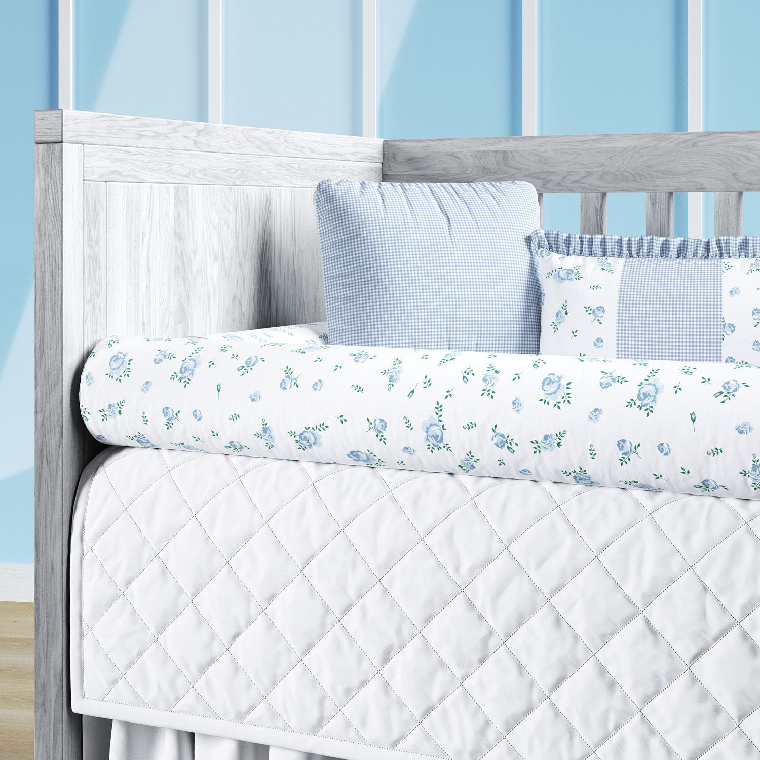 Kit Berço Rolinhos Floral Liberty Azul 8 Peças