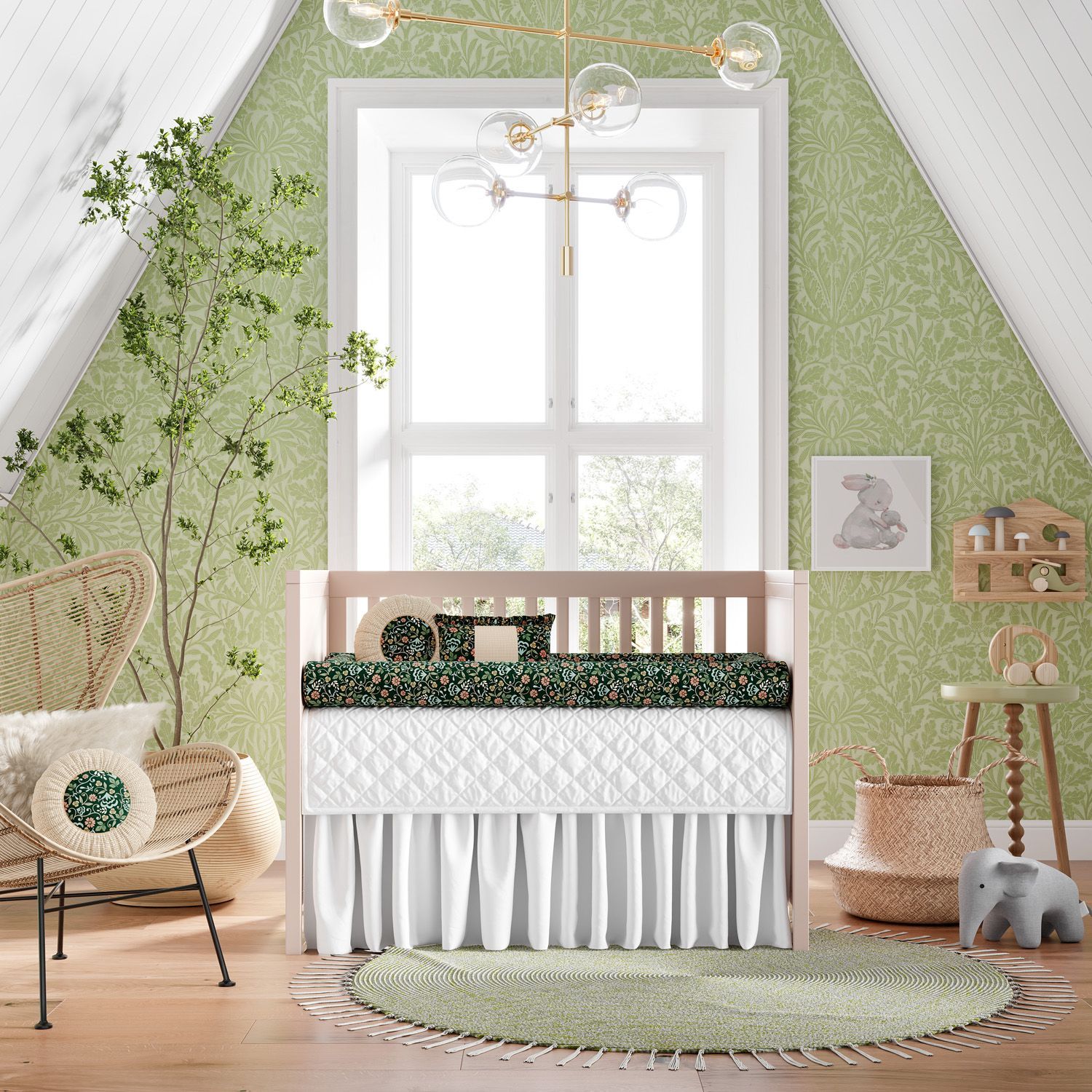 Kit Berço Rolinhos Floral Luxo Verde 8 Peças