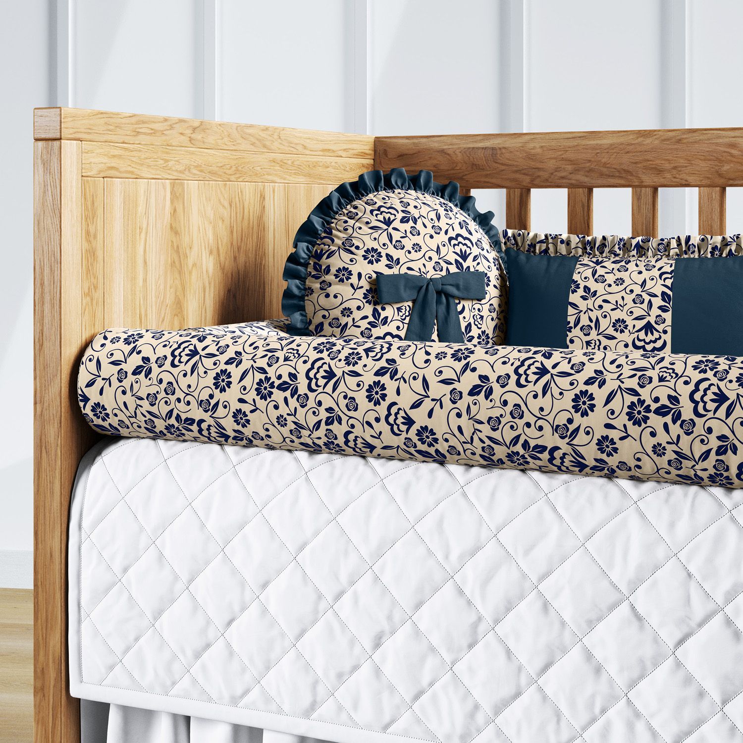 Kit Berço Rolinhos Floral Luxo Azul Marinho 8 Peças