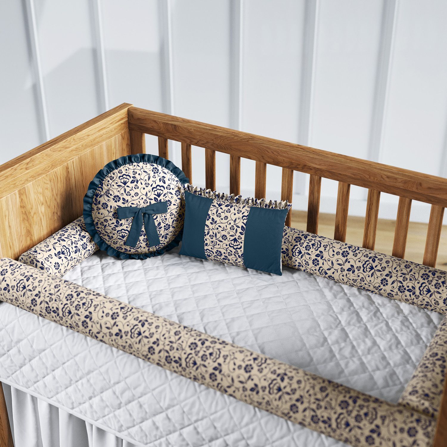 Kit Berço Rolinhos Floral Luxo Azul Marinho 8 Peças