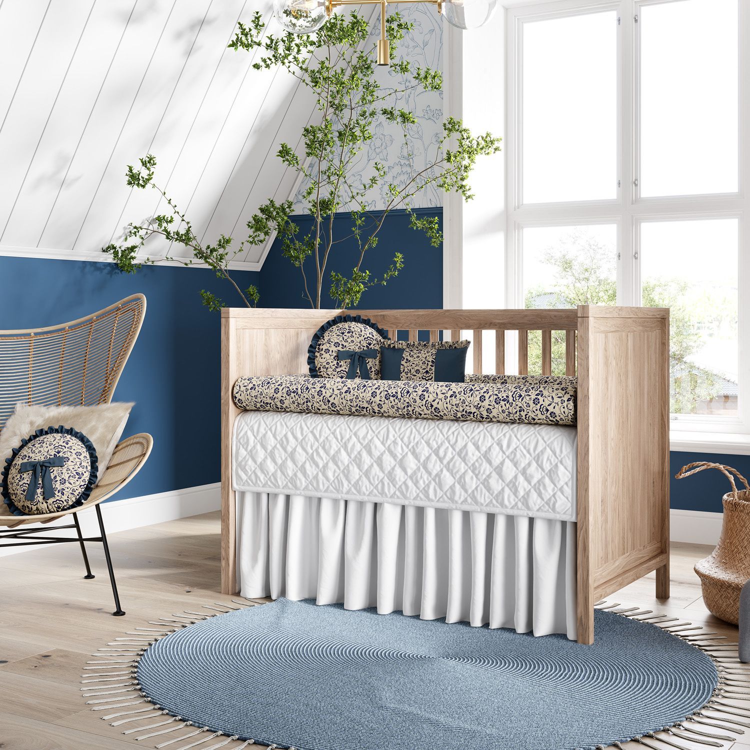 Kit Berço Rolinhos Floral Luxo Azul Marinho 8 Peças