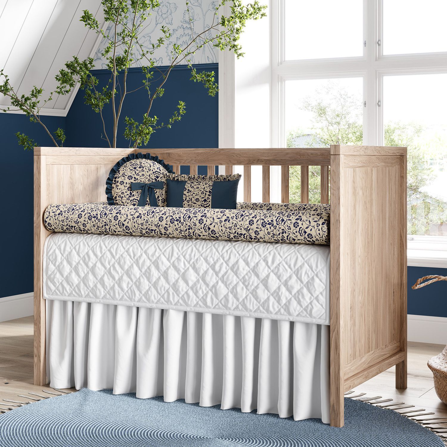 Kit Berço Rolinhos Floral Luxo Azul Marinho 8 Peças