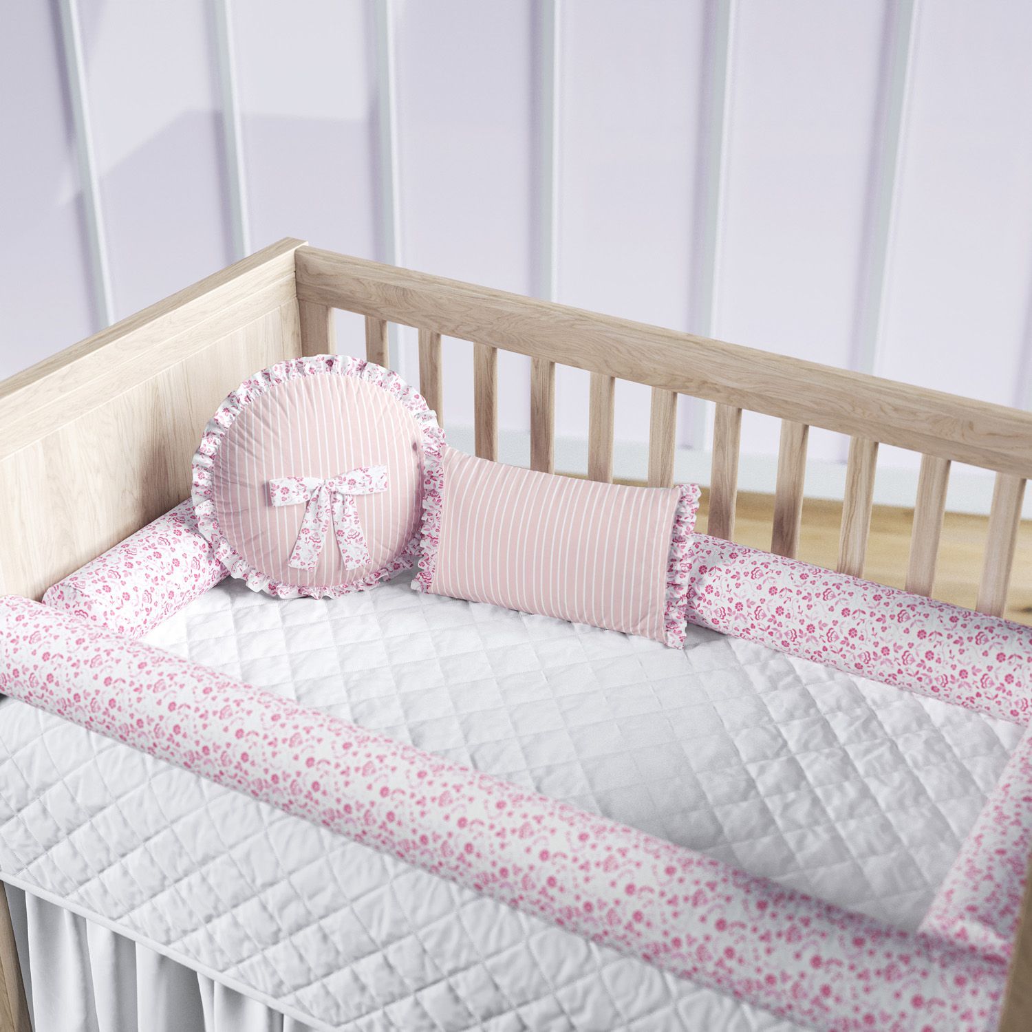 Kit Berço Rolinhos Floral Liberty Rosa 8 Peças