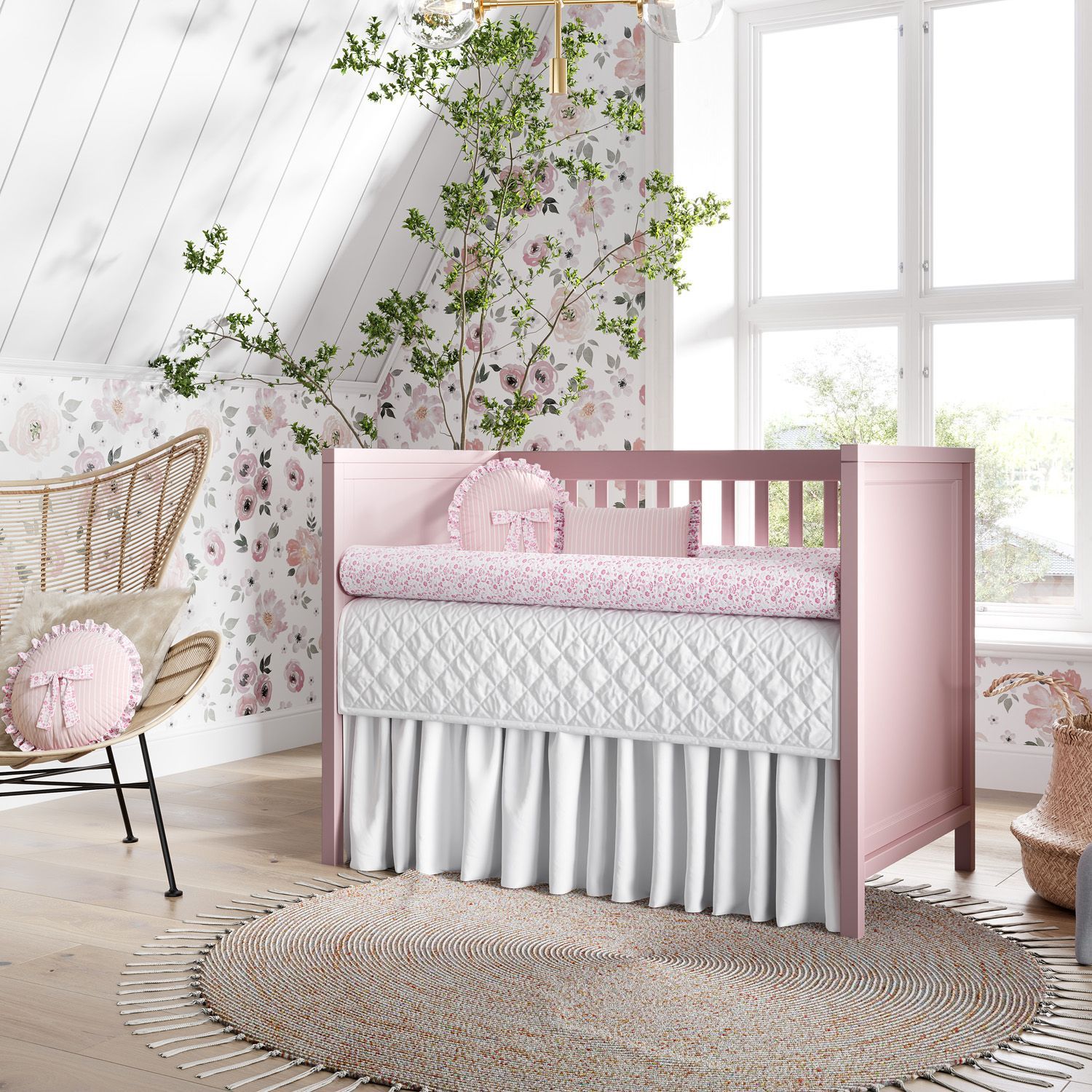 Kit Berço Rolinhos Floral Liberty Rosa 8 Peças