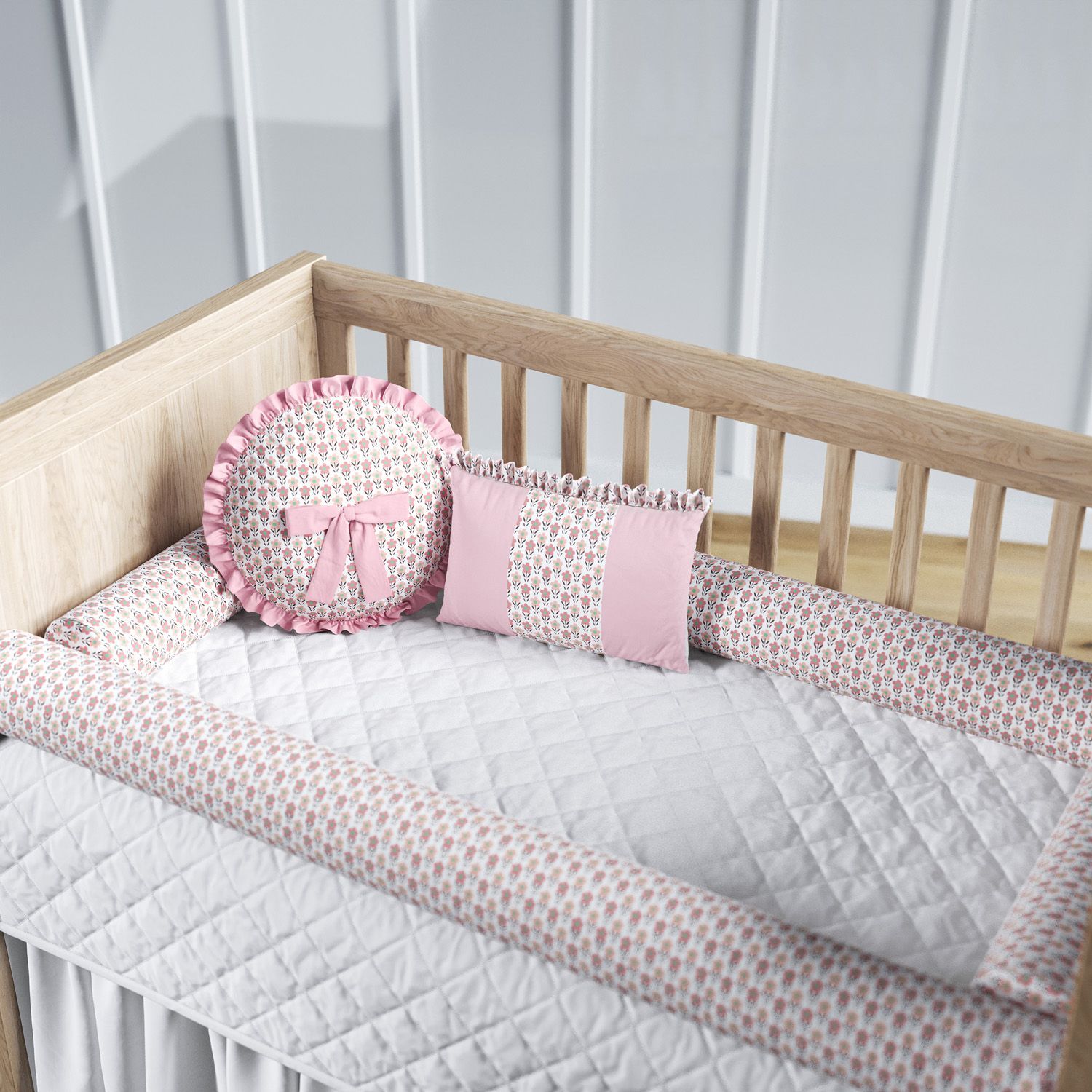 Kit Berço Rolinhos Flores do Campo Rosa 8 Peças