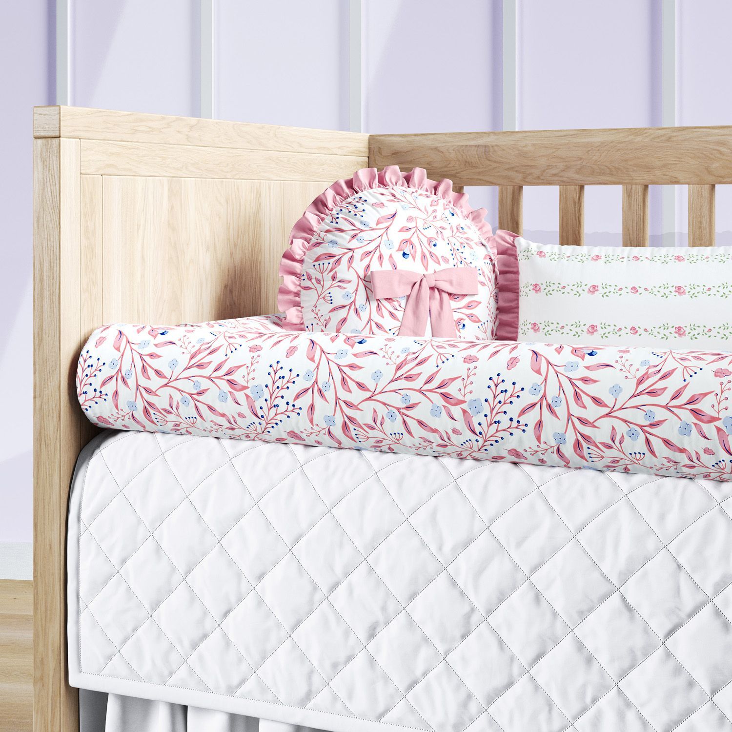Kit Berço Rolinhos Folhas do Bosque Rosa 8 Peças