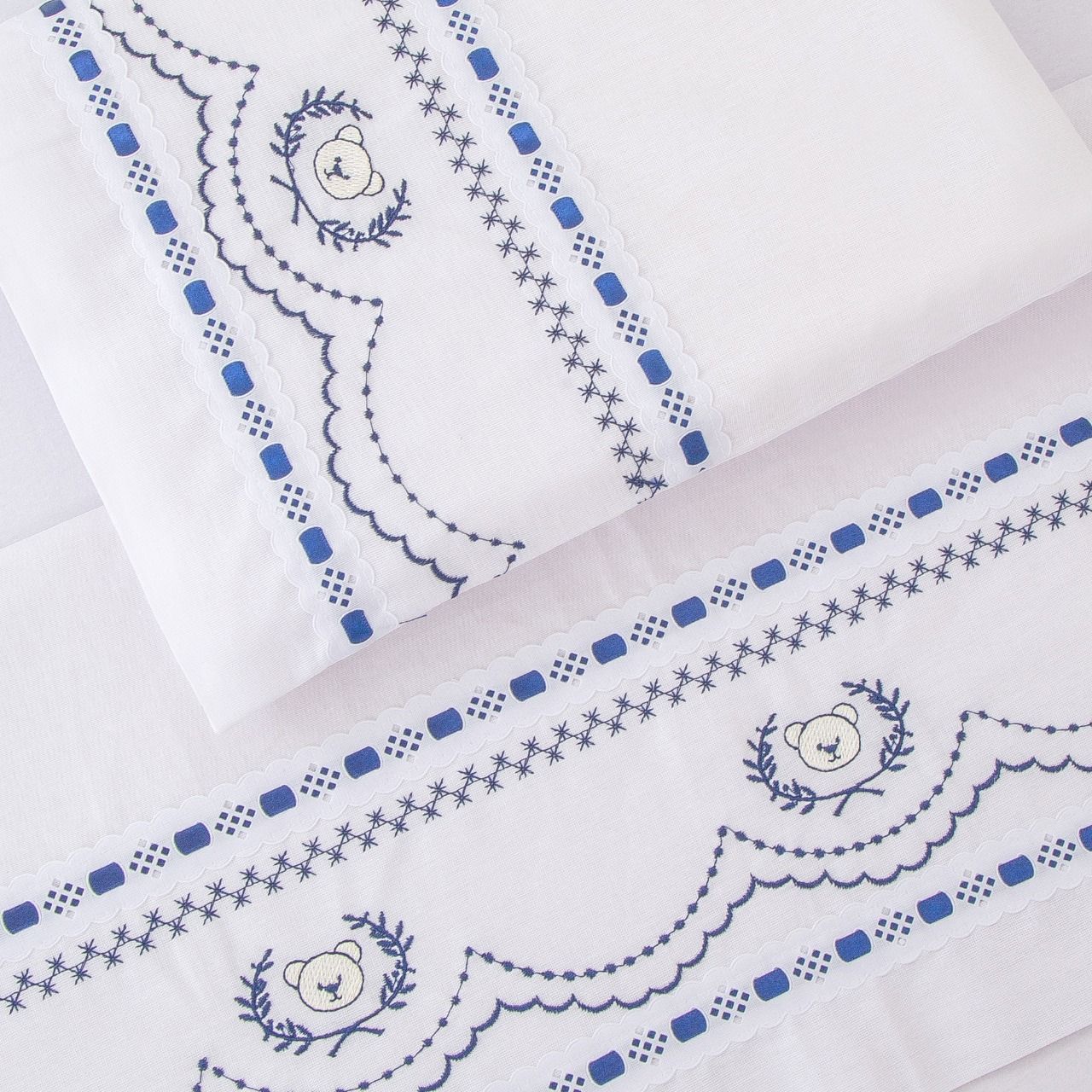 Jogo de Lençol Berço Bordado Ursinho Real Branco 3 Peças