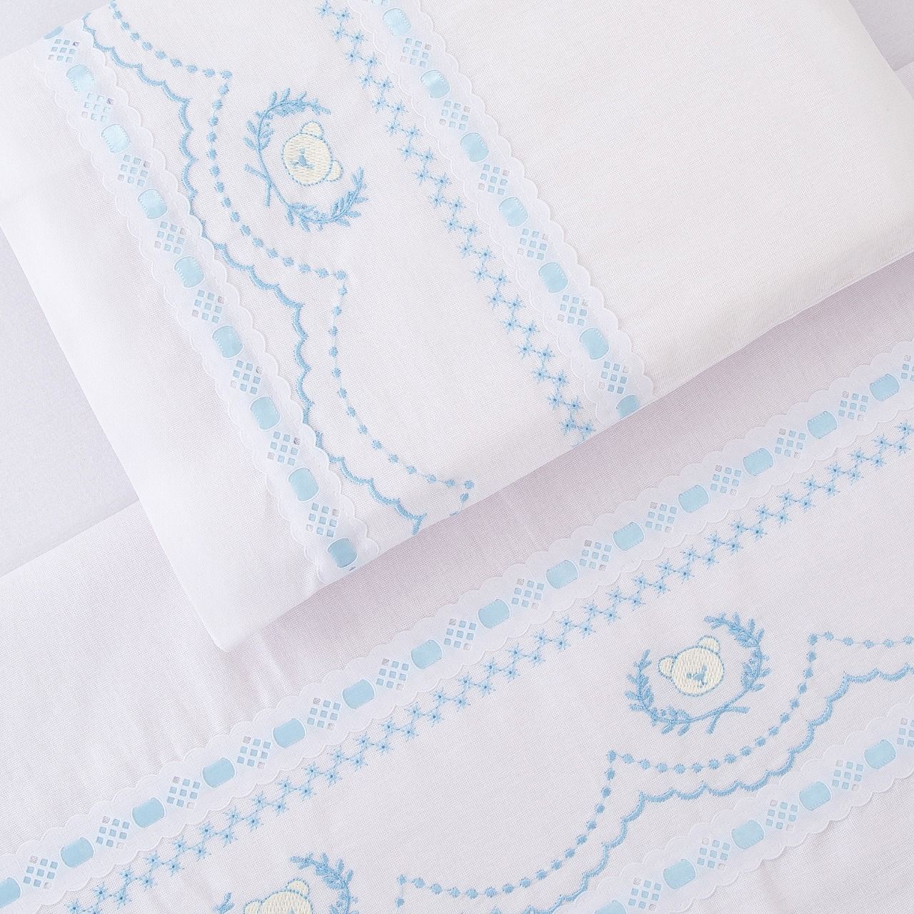 Jogo de Lençol Berço Bordado Ursinho Real Branco 3 Peças