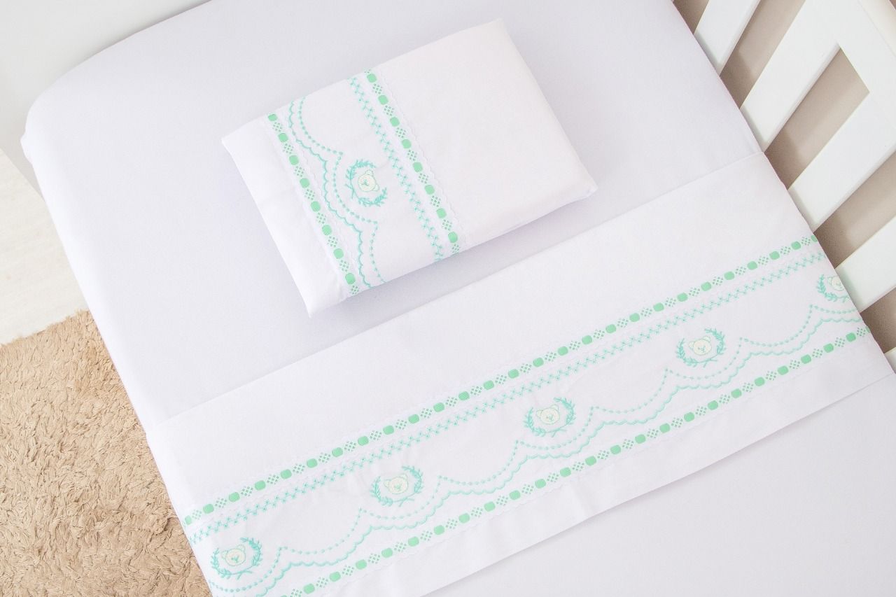 Jogo de Lençol Berço Bordado Ursinho Real Branco 3 Peças