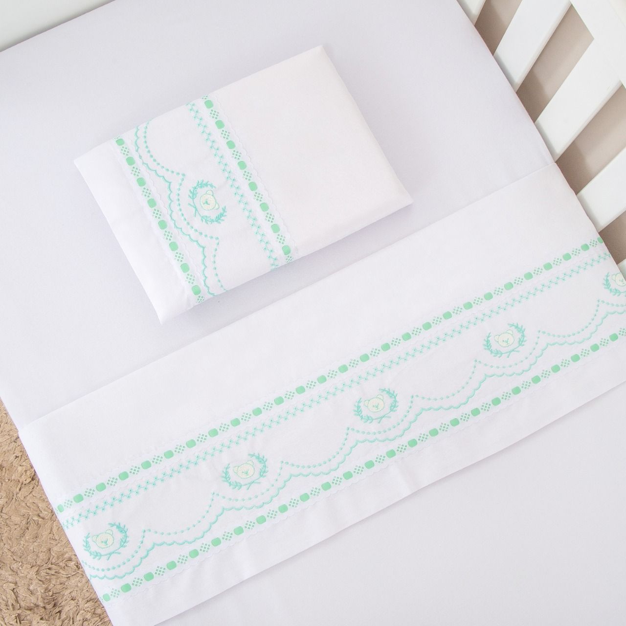 Jogo de Lençol Berço Bordado Ursinho Real Branco 3 Peças