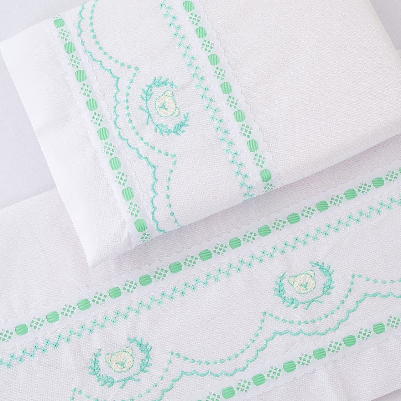 Jogo de Lençol Berço Bordado Ursinho Real Branco 3 Peças