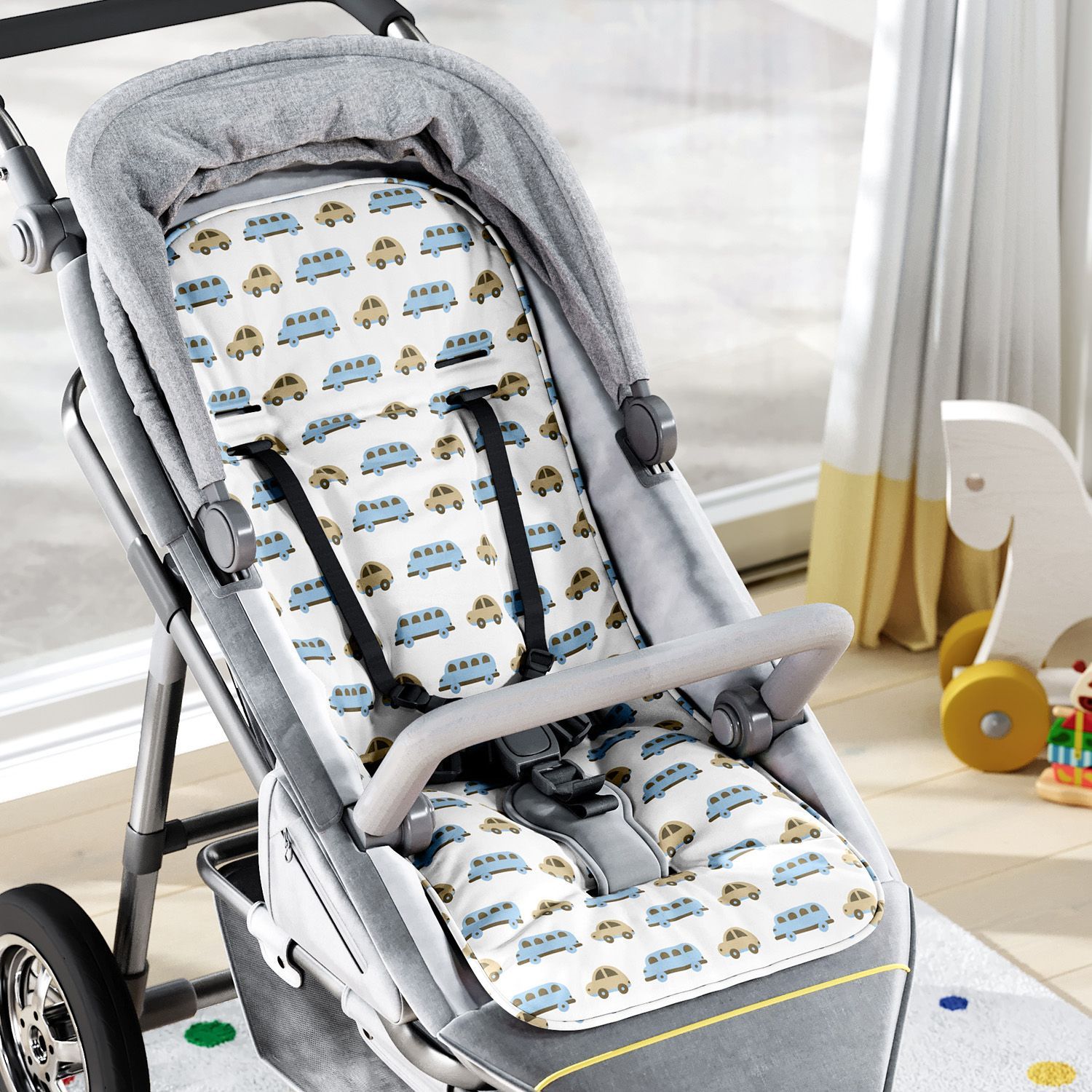 Capa de Carrinho com Protetor de Cinto Carrinhos Azul e Bege