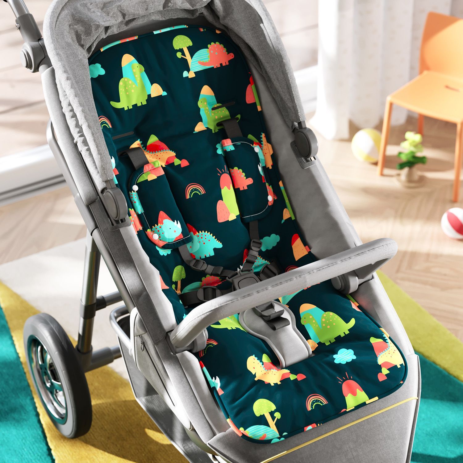 Capa de Carrinho com Protetor de Cinto Dinossauros Coloridos Azul Marinho