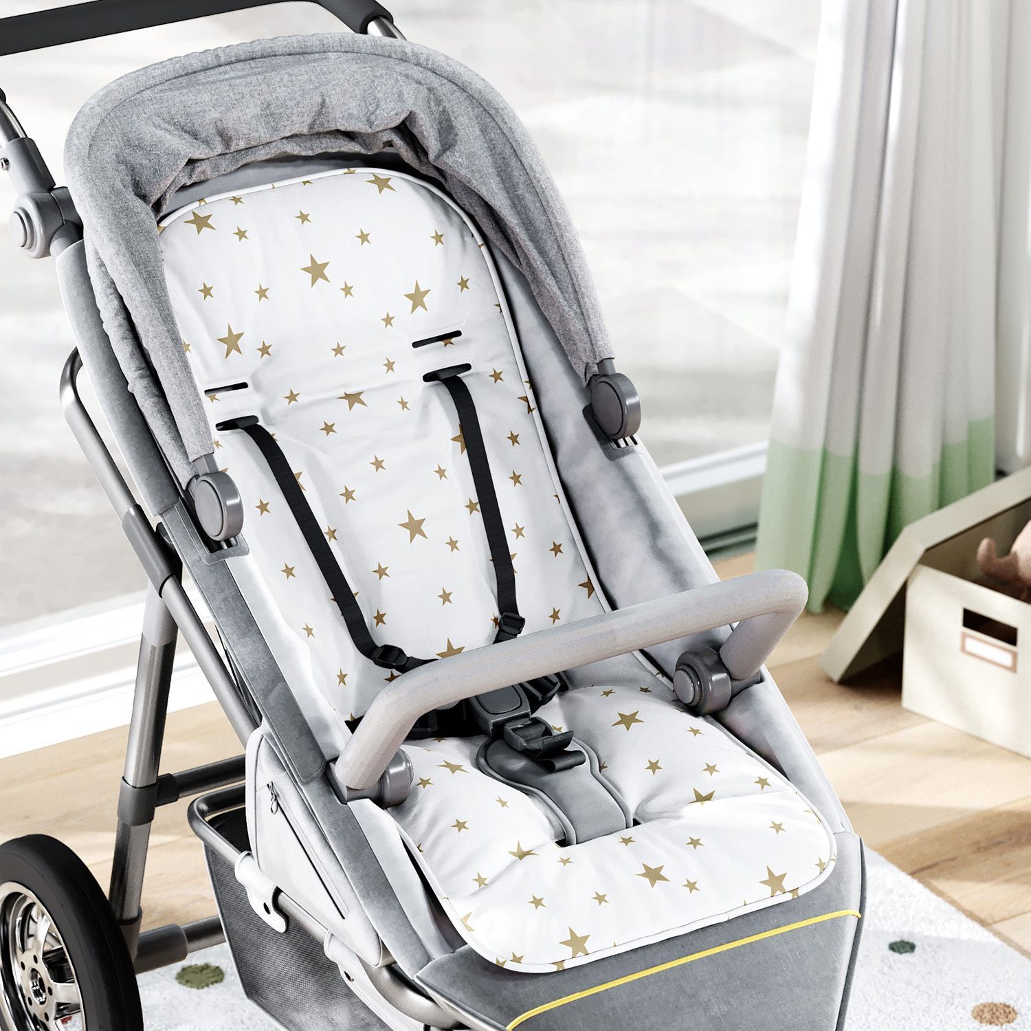 Capa de Carrinho com Protetor de Cinto Estrelinhas Azul e Branco