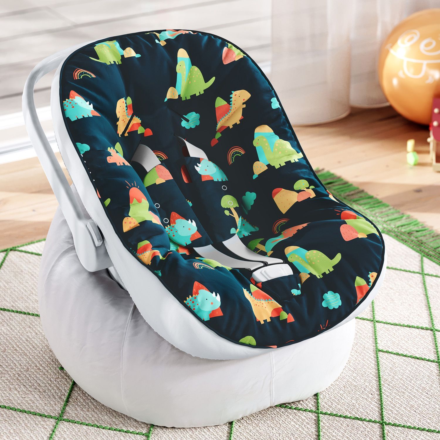 Capa de Carrinho com Protetor de Cinto Dinossauros Coloridos Azul Marinho
