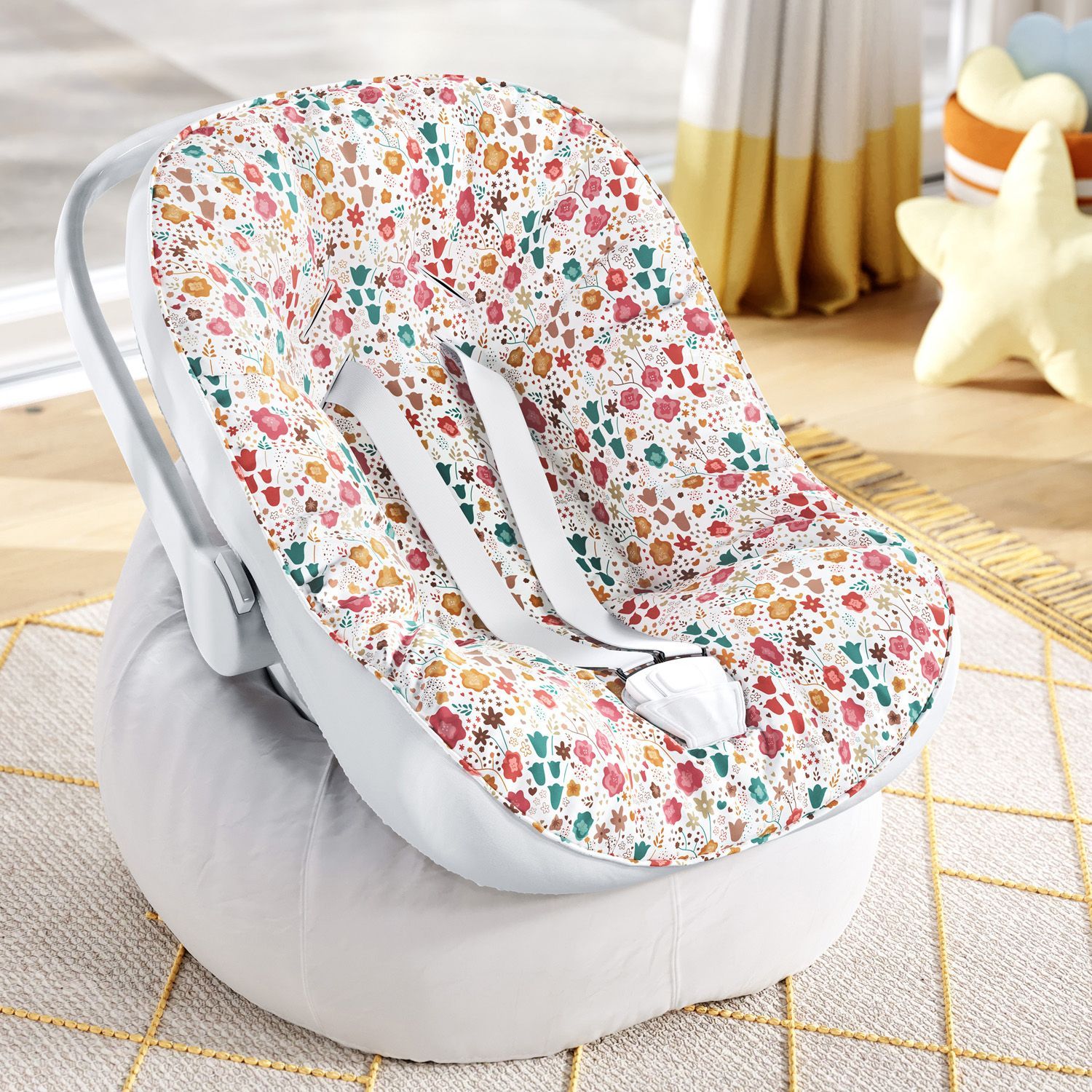 Capa de Carrinho com Protetor de Cinto Florido Bege