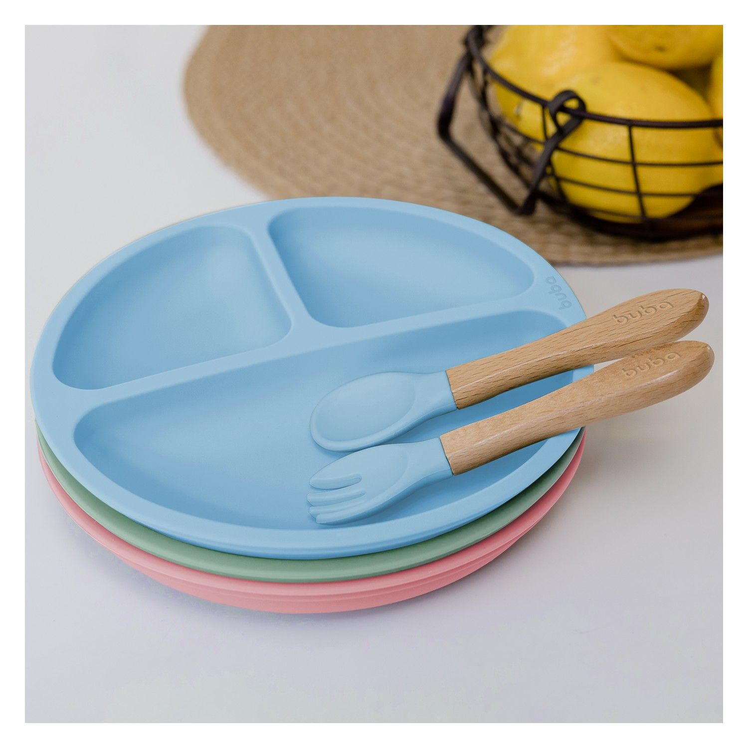 Kit Talher de Silicone e Bambu Azul